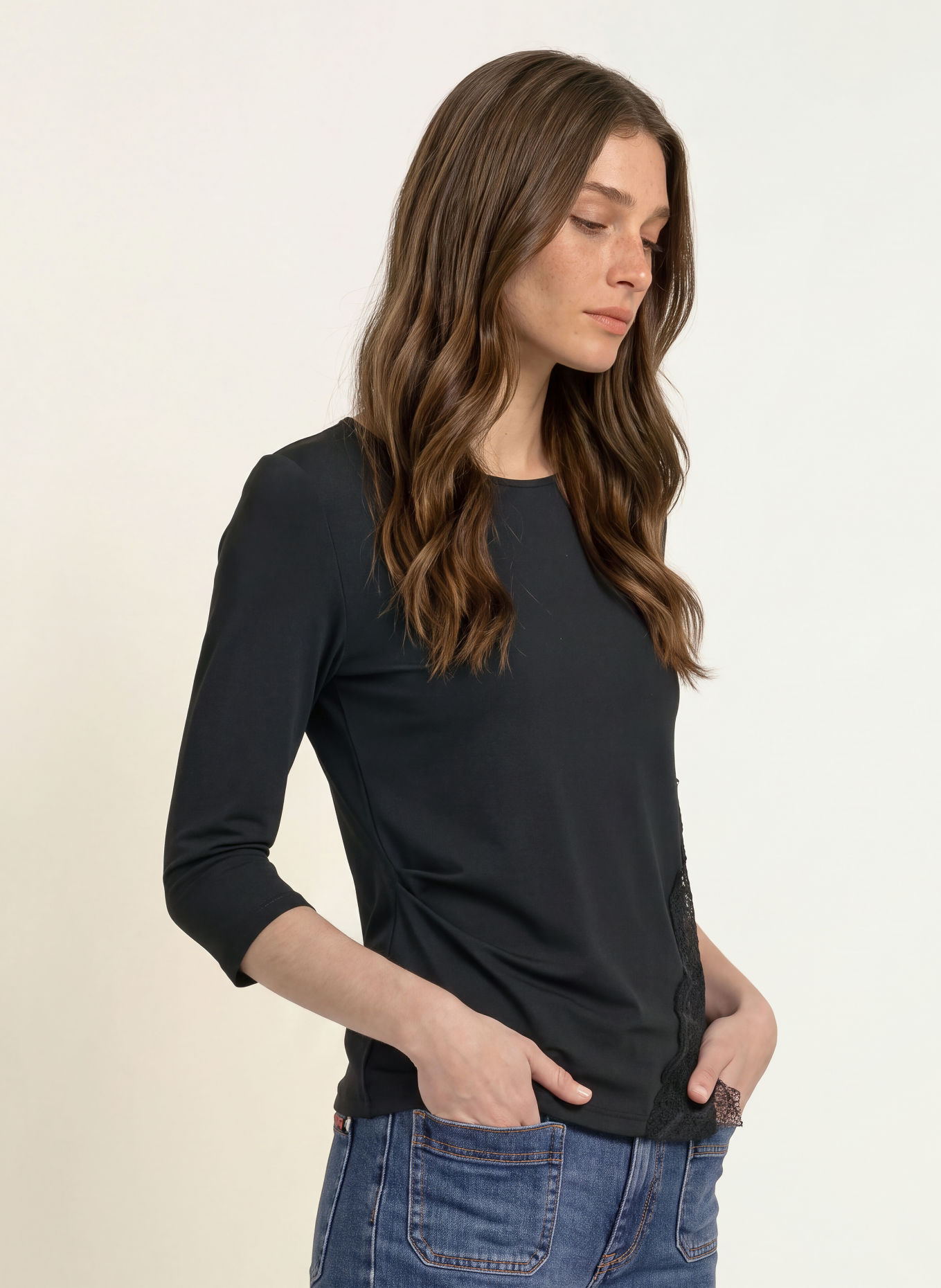 Calvin Klein Shirt mit 3/4-Arm und Spitze: SCHWARZ