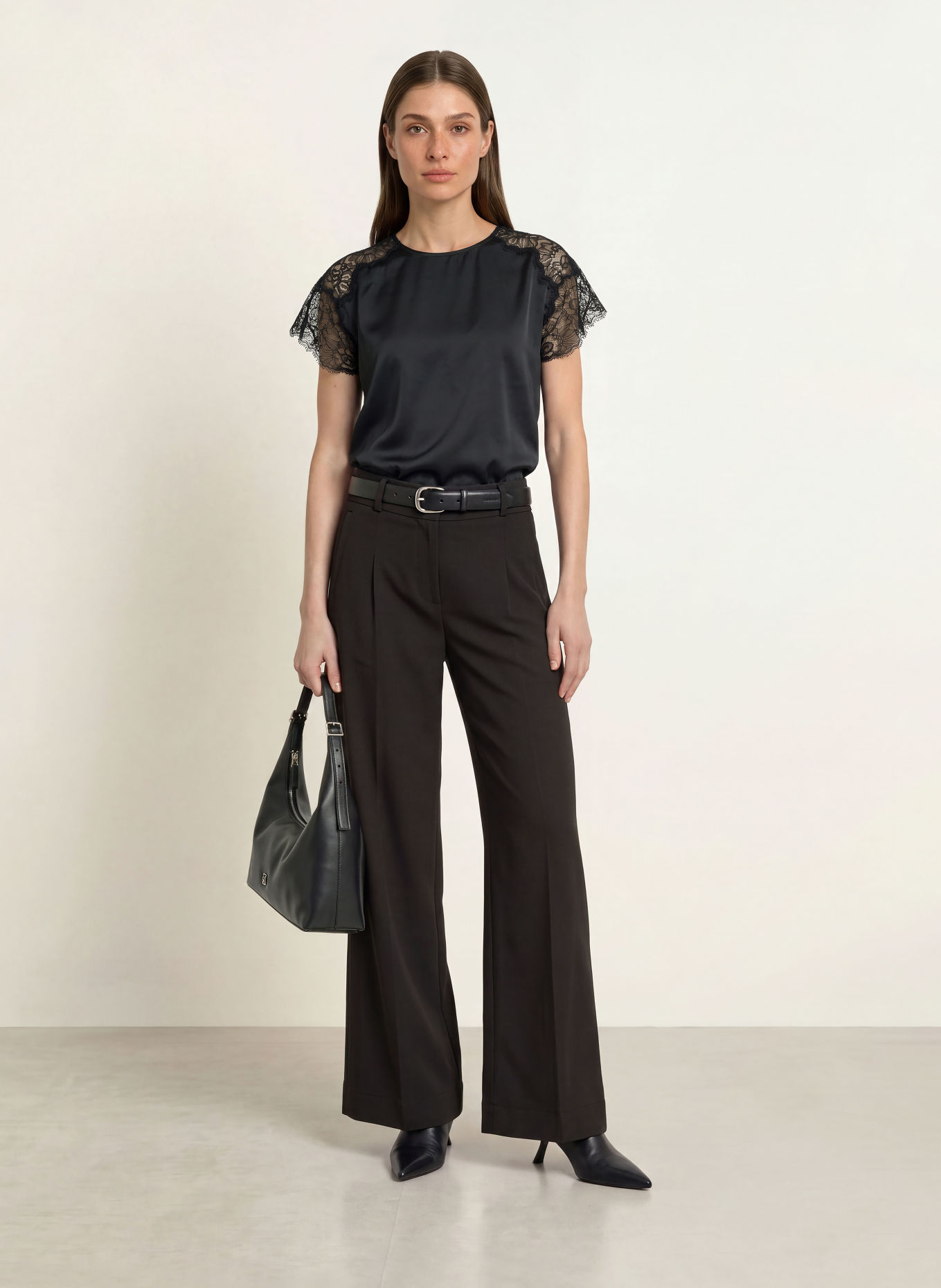Calvin Klein Satin shirt blouse with lace: BLACK
