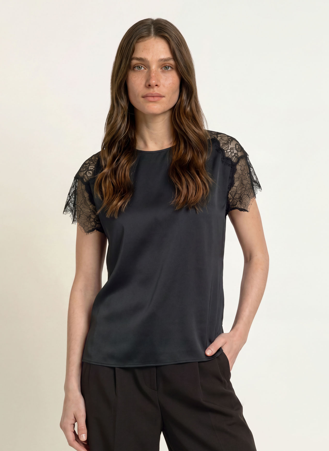 Calvin Klein Satin shirt blouse with lace: BLACK
