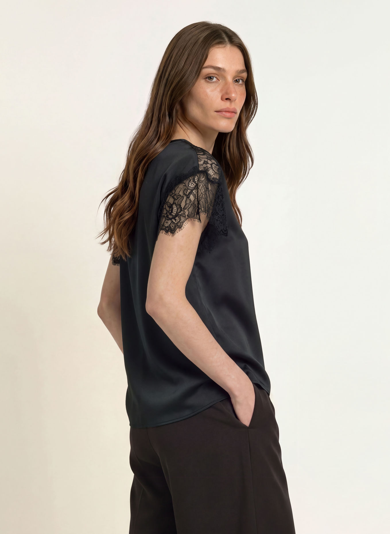 Calvin Klein Satin shirt blouse with lace: BLACK