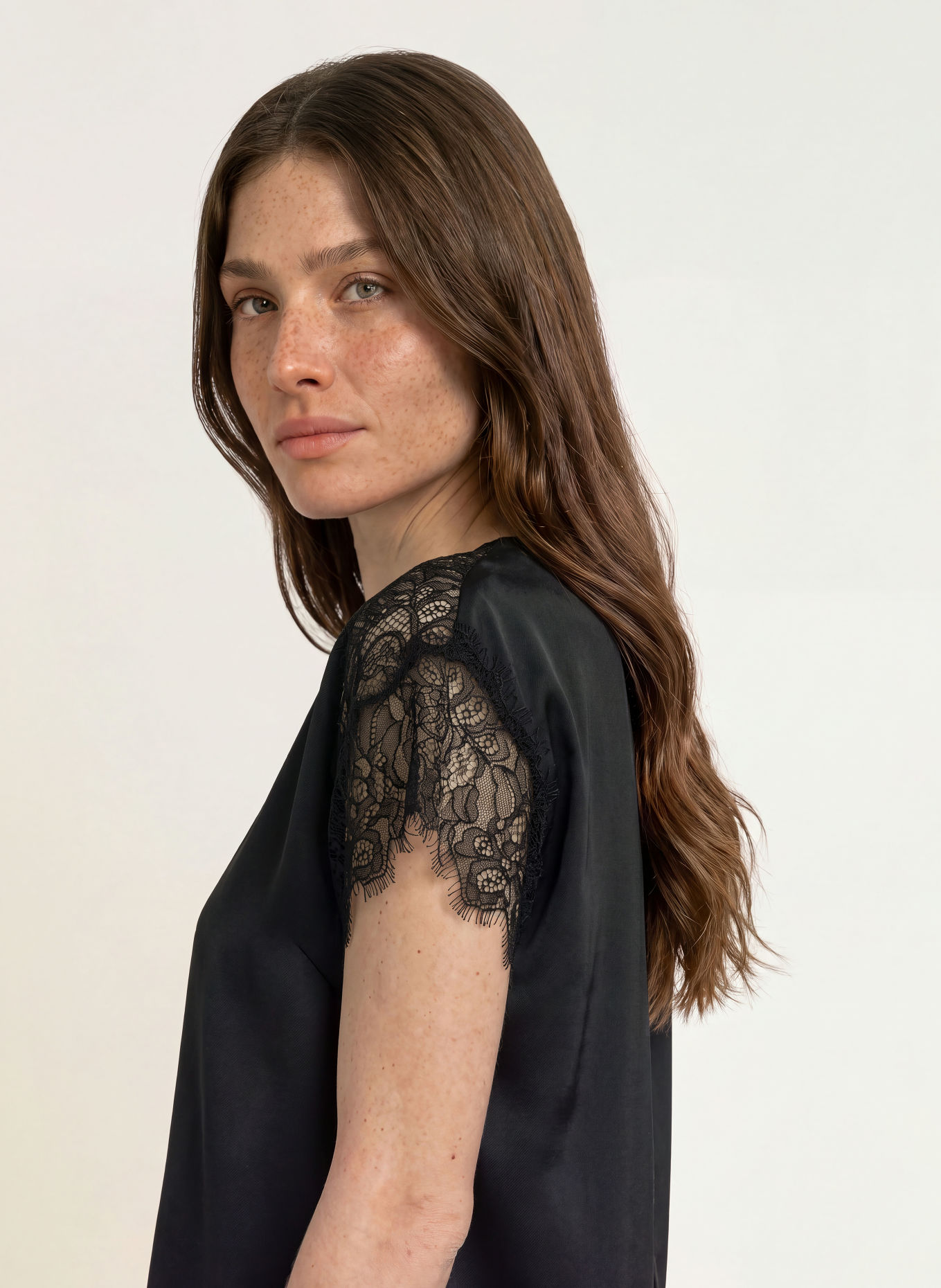 Calvin Klein Satin shirt blouse with lace: BLACK