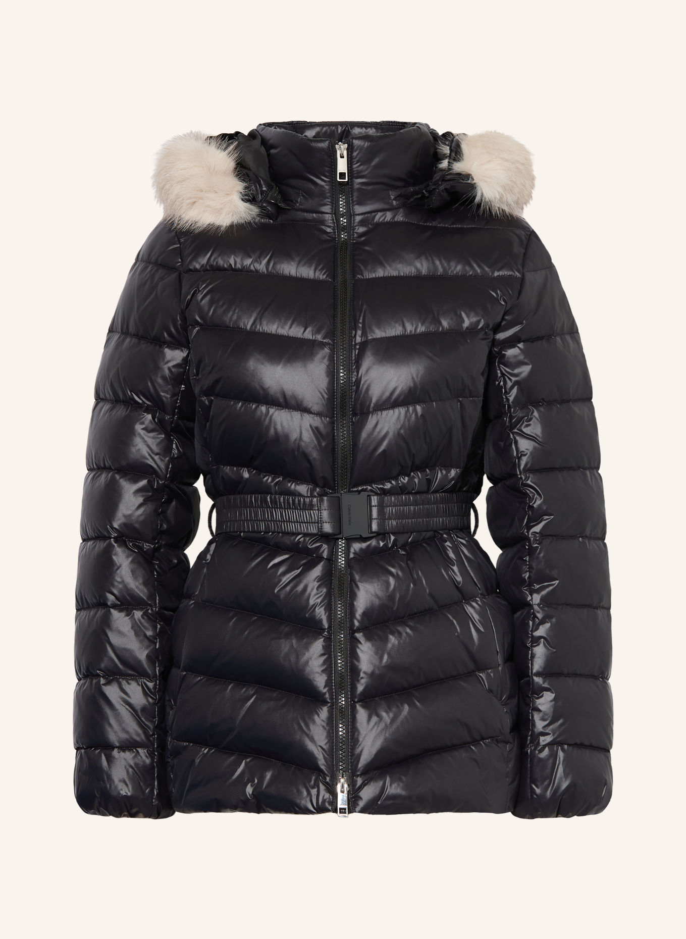 Calvin Klein Quilted jacket with a detachable hood and faux fur: BLACK / ECRU