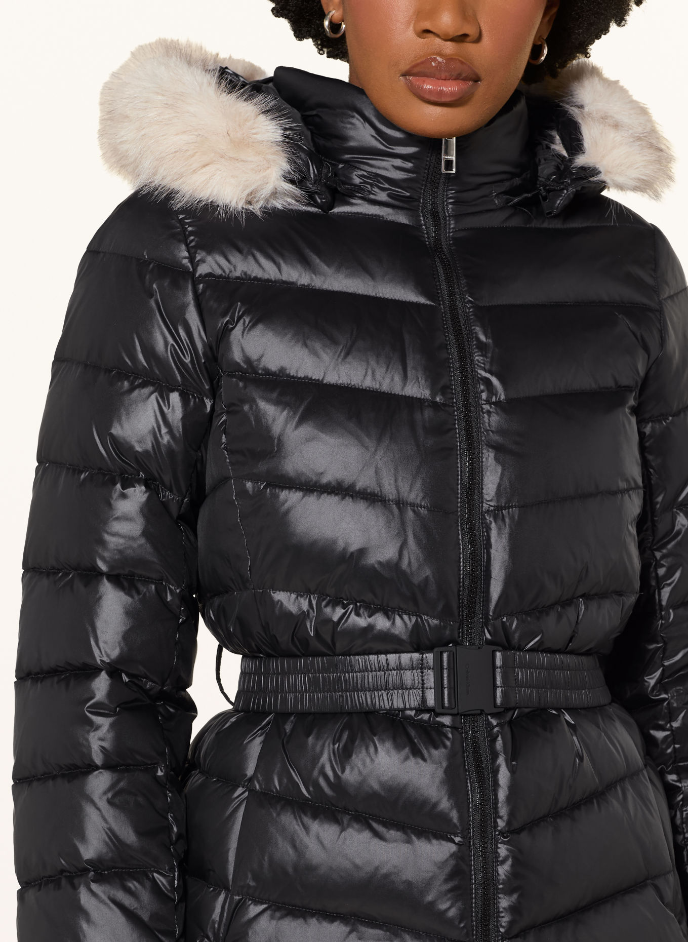 Calvin Klein Quilted jacket with a detachable hood and faux fur: BLACK / ECRU