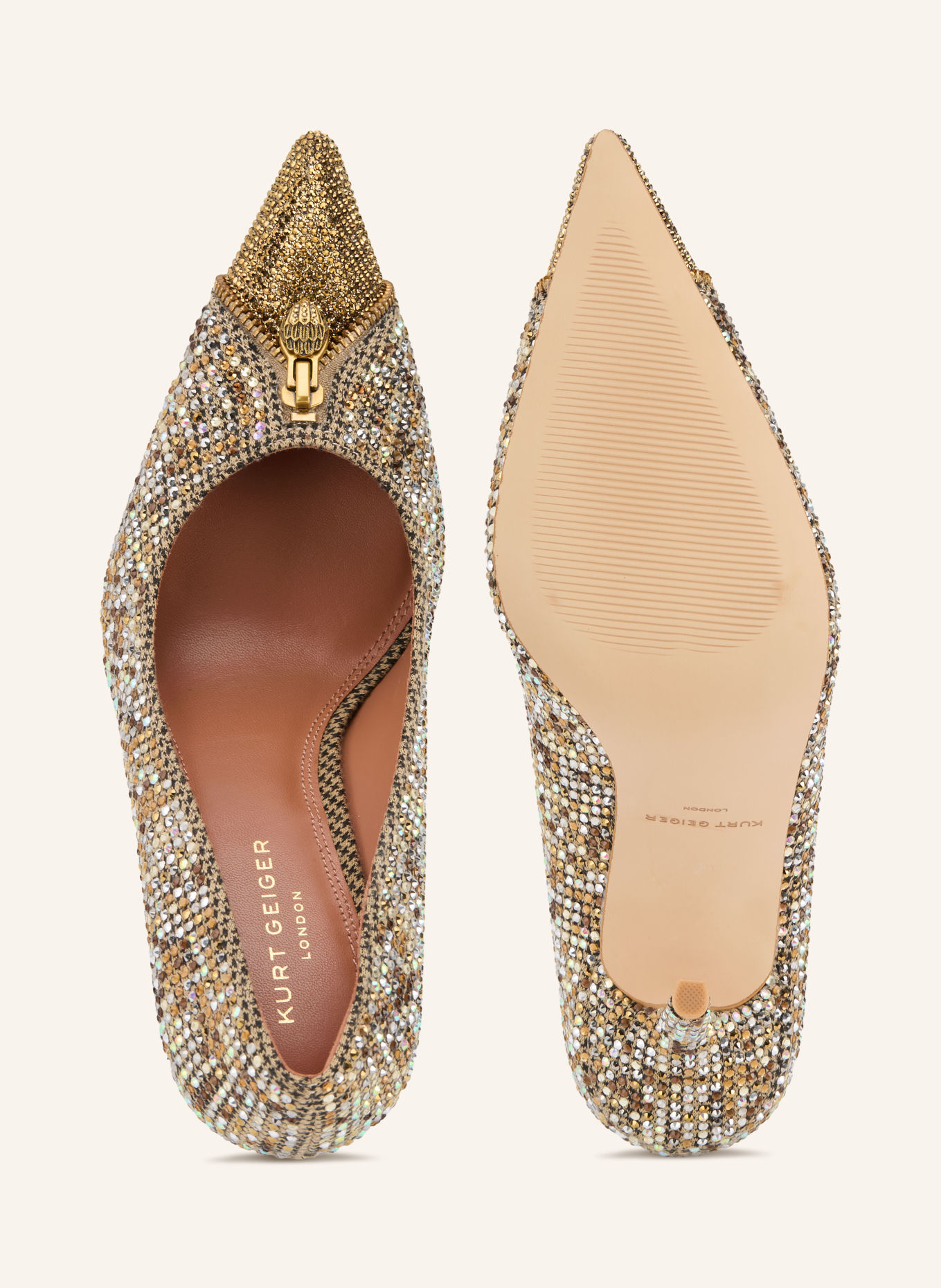 KURT GEIGER Pumps ZIP COURT mit Schmucksteinen: BEIGE / GOLD / DUNKELBRAUN