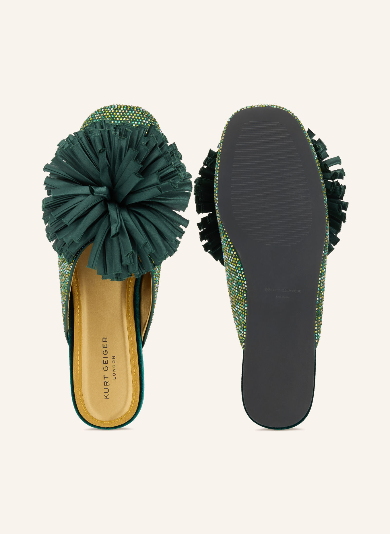 KURT GEIGER POM Mules with Rhinestones: DARK GREEN