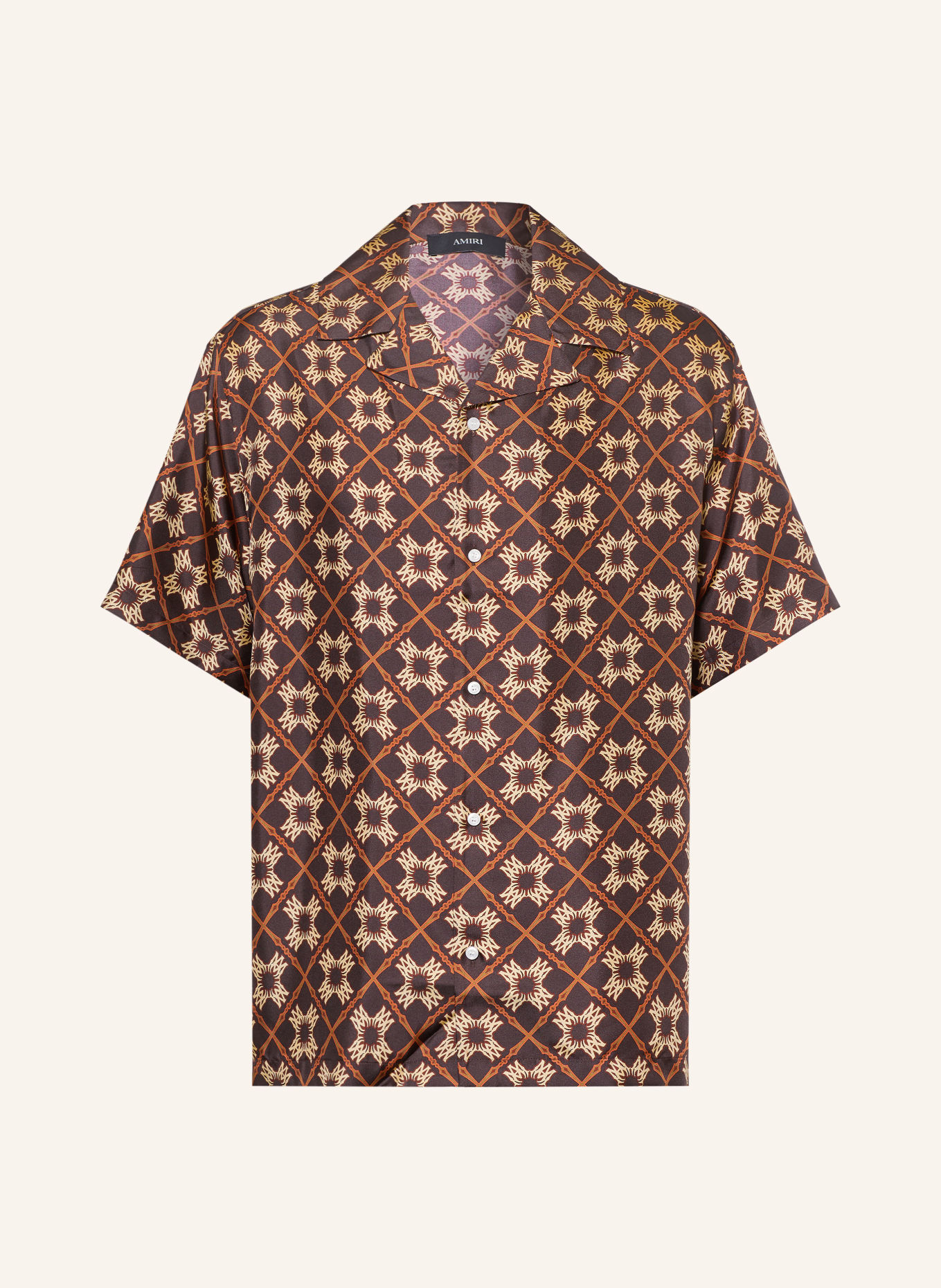 AMIRI Comfort Fit Silk Resort Shirt: DARK BROWN / BEIGE / DARK ORANGE