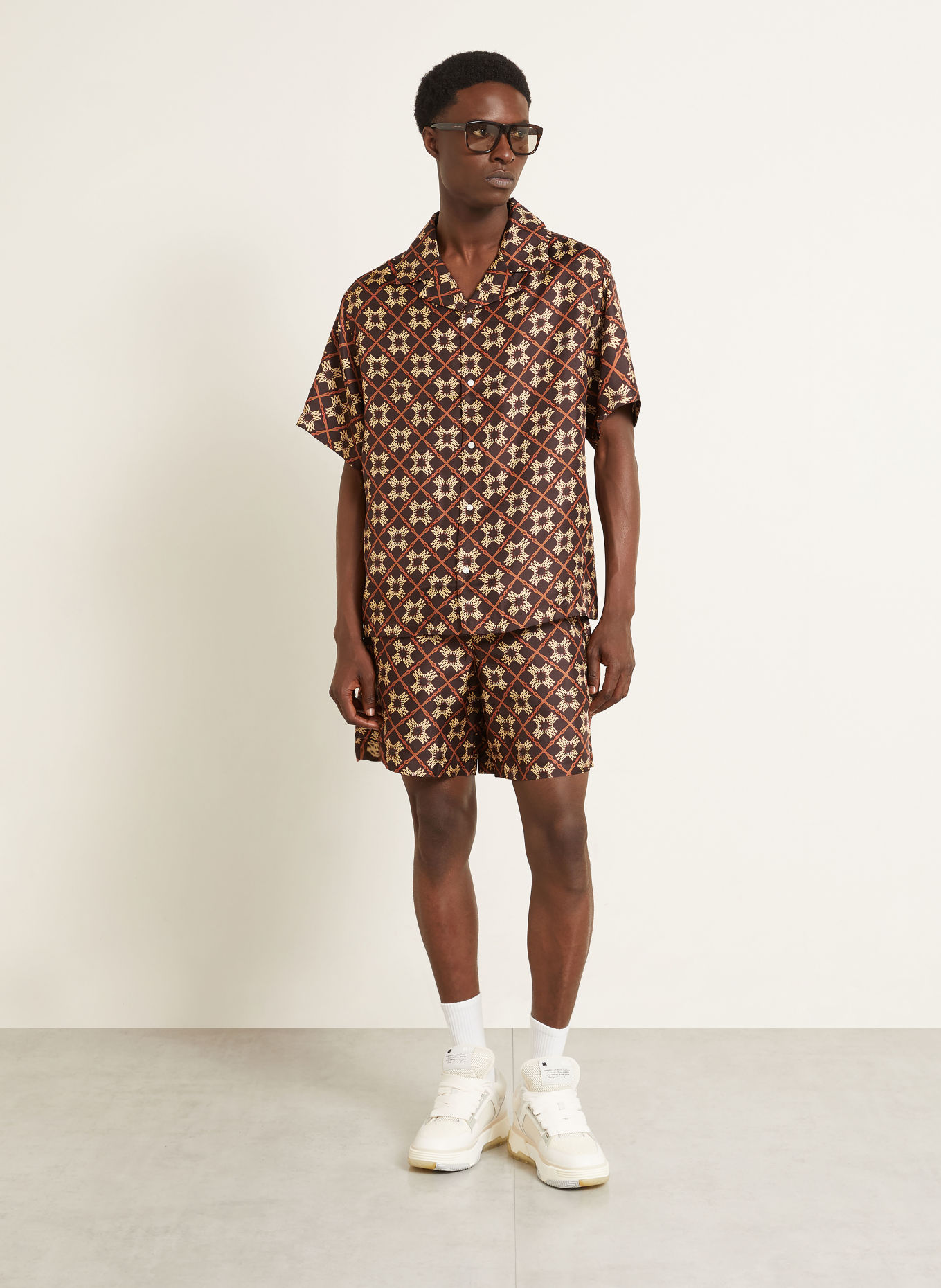 AMIRI Comfort Fit Silk Resort Shirt: DARK BROWN / BEIGE / DARK ORANGE