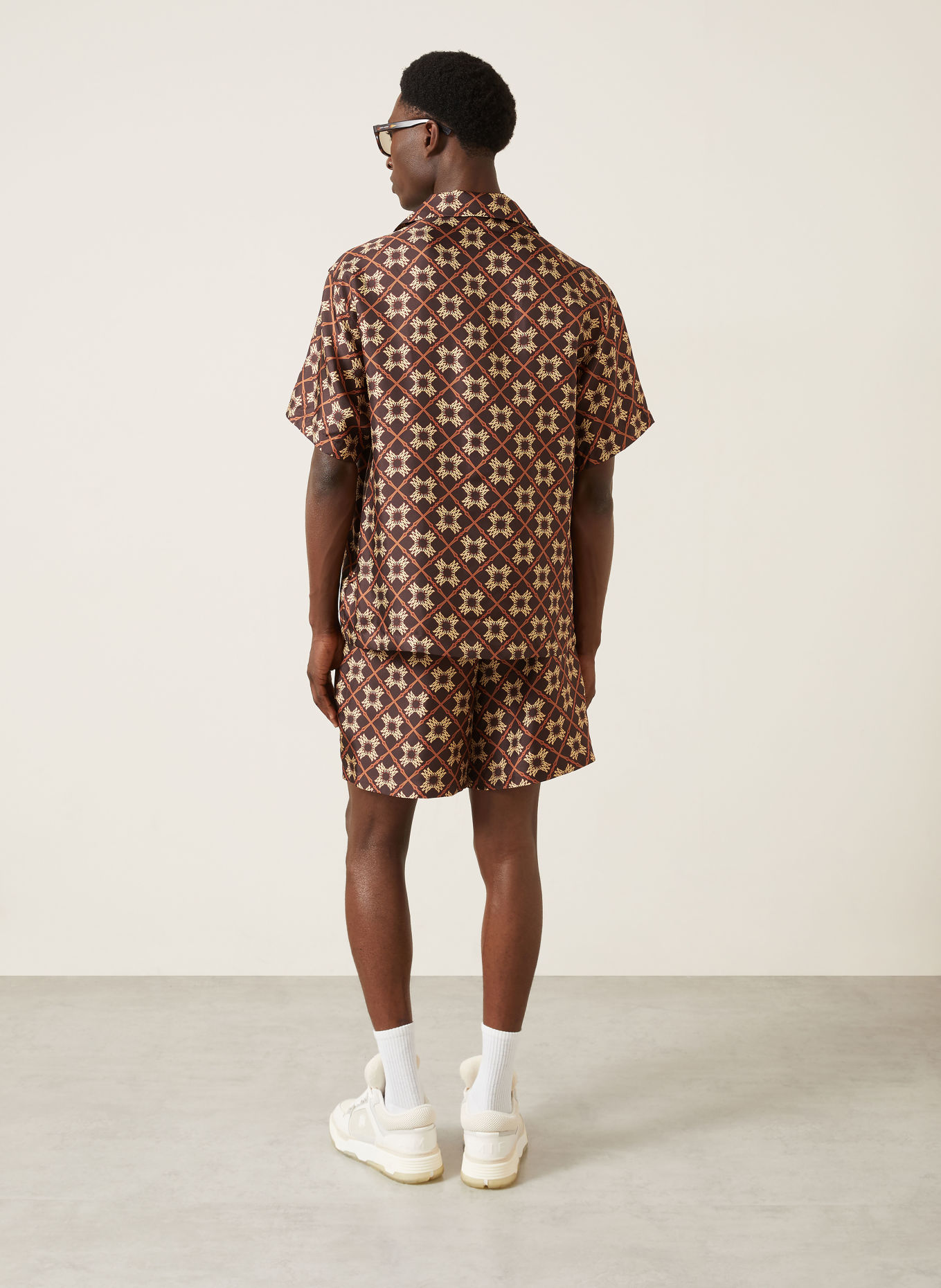 AMIRI Comfort Fit Silk Resort Shirt: DARK BROWN / BEIGE / DARK ORANGE