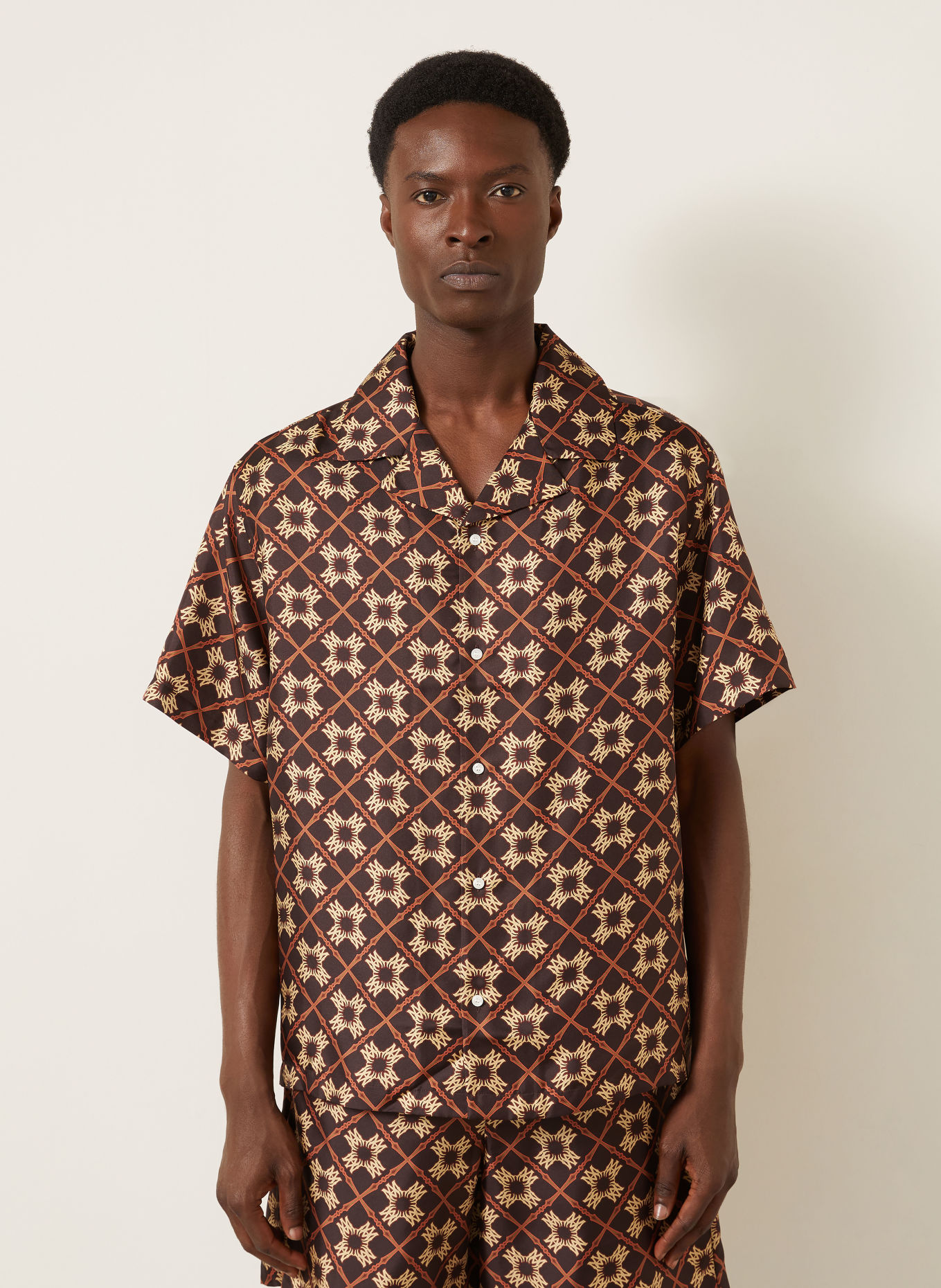 AMIRI Comfort Fit Silk Resort Shirt: DARK BROWN / BEIGE / DARK ORANGE