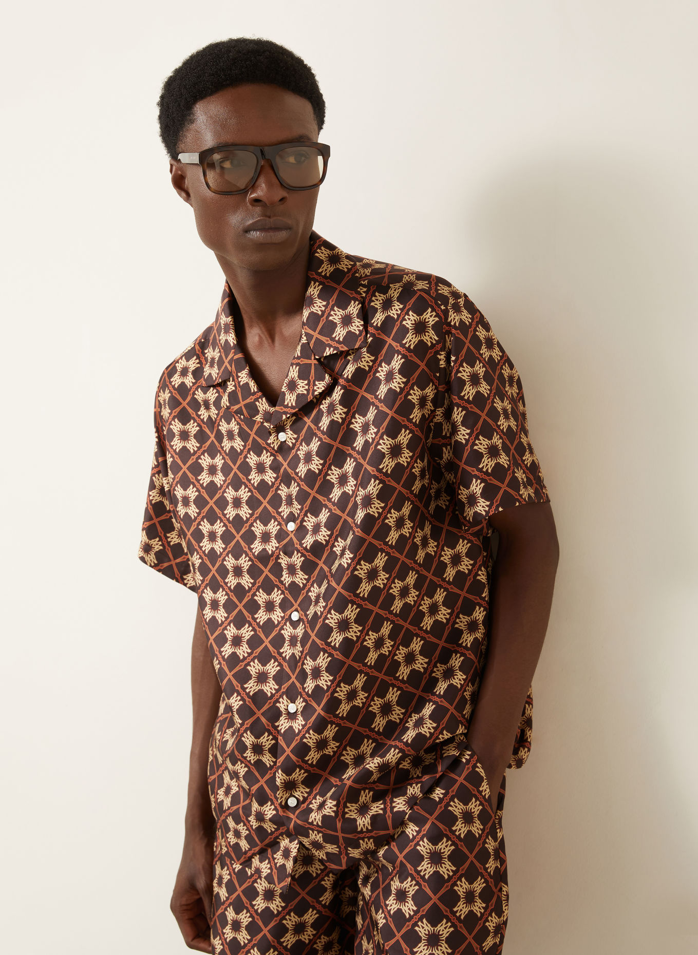 AMIRI Comfort Fit Silk Resort Shirt: DARK BROWN / BEIGE / DARK ORANGE