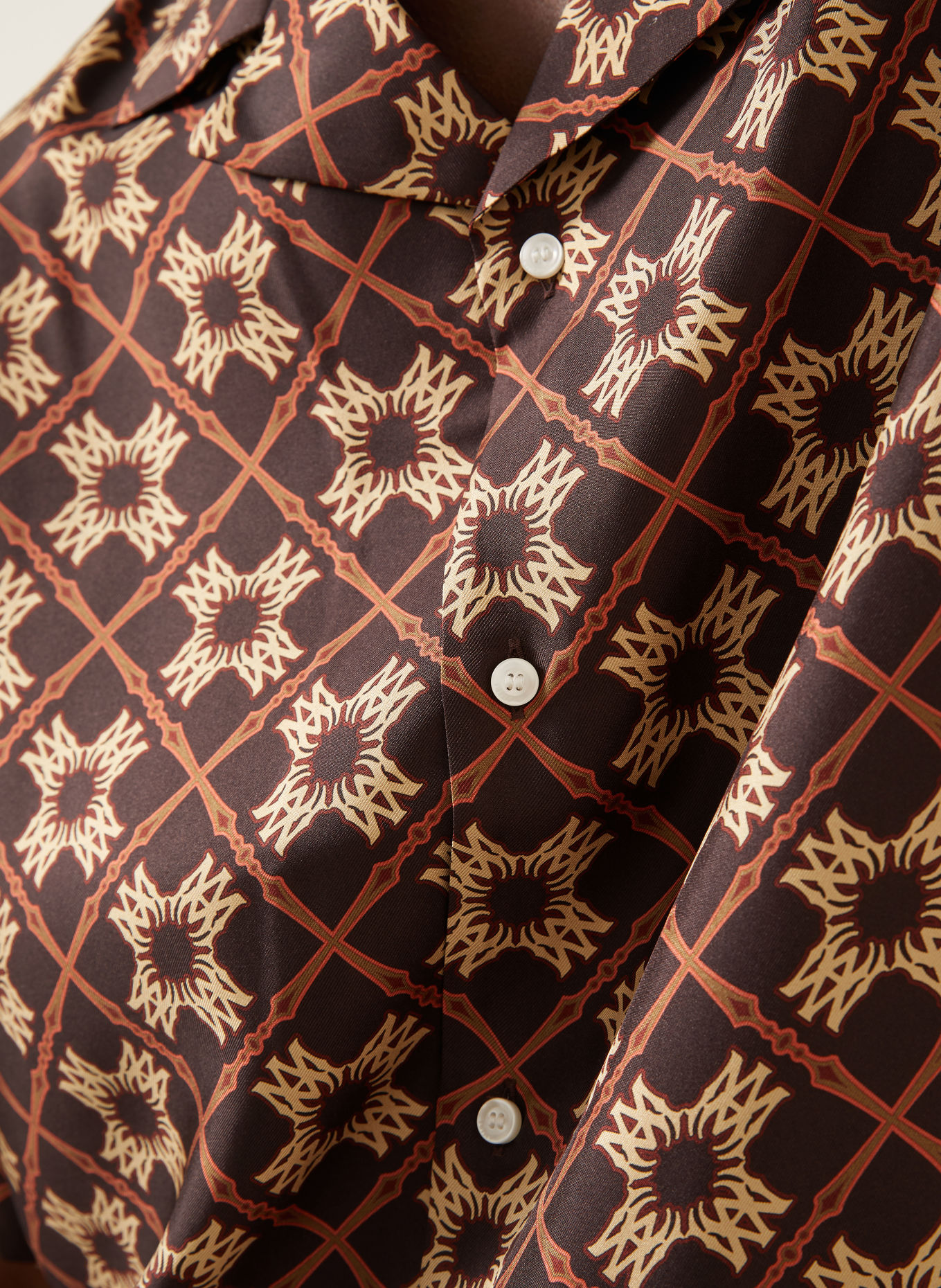 AMIRI Comfort Fit Silk Resort Shirt: DARK BROWN / BEIGE / DARK ORANGE