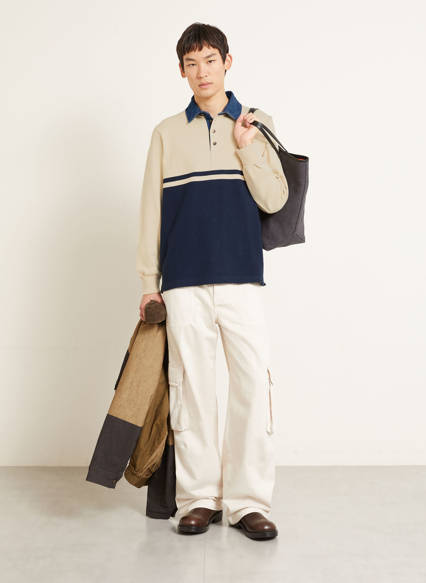JW ANDERSON Jersey-Poloshirt: BEIGE / DUNKELBLAU