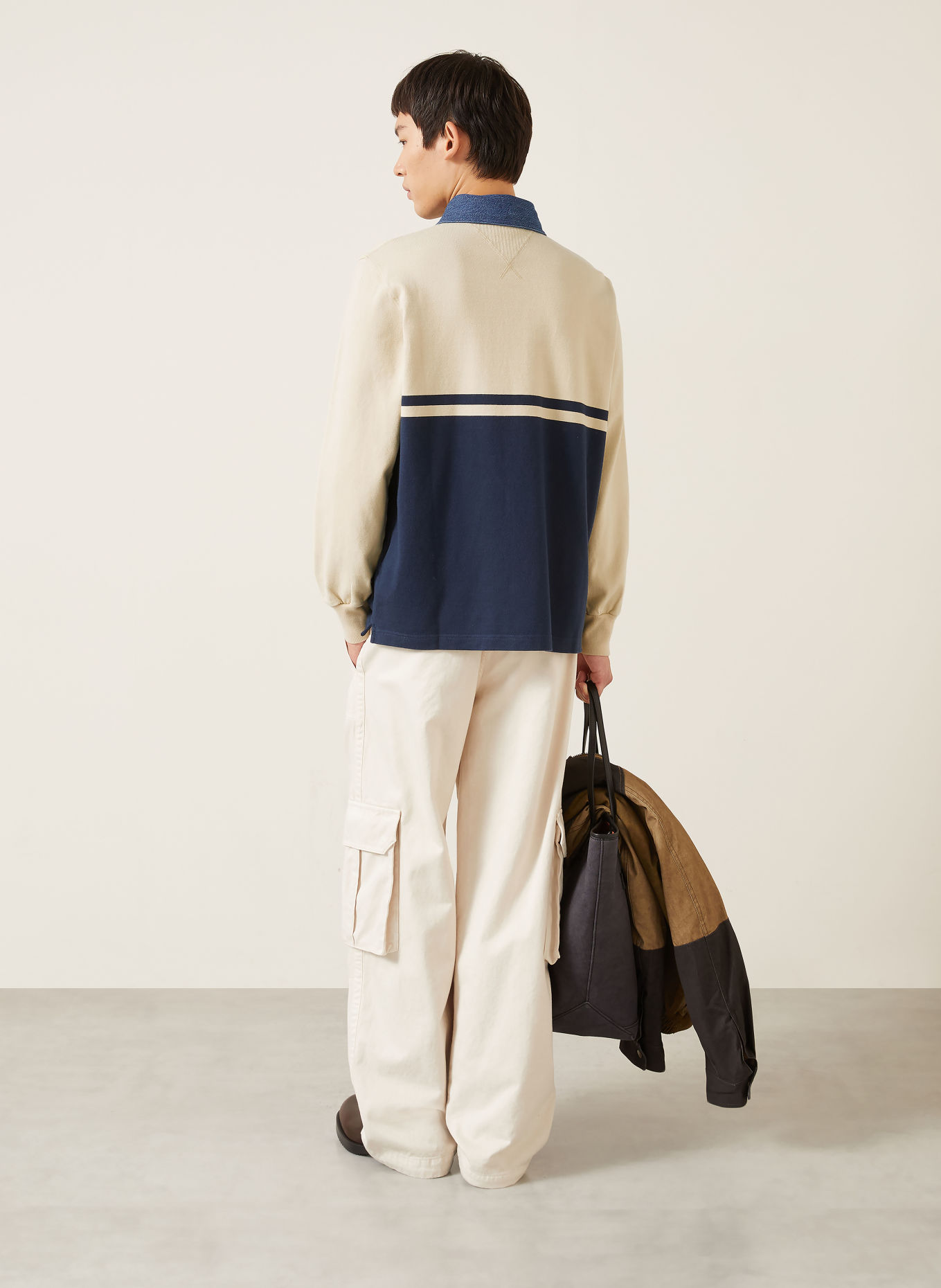 JW ANDERSON Jersey-Poloshirt: BEIGE / DUNKELBLAU