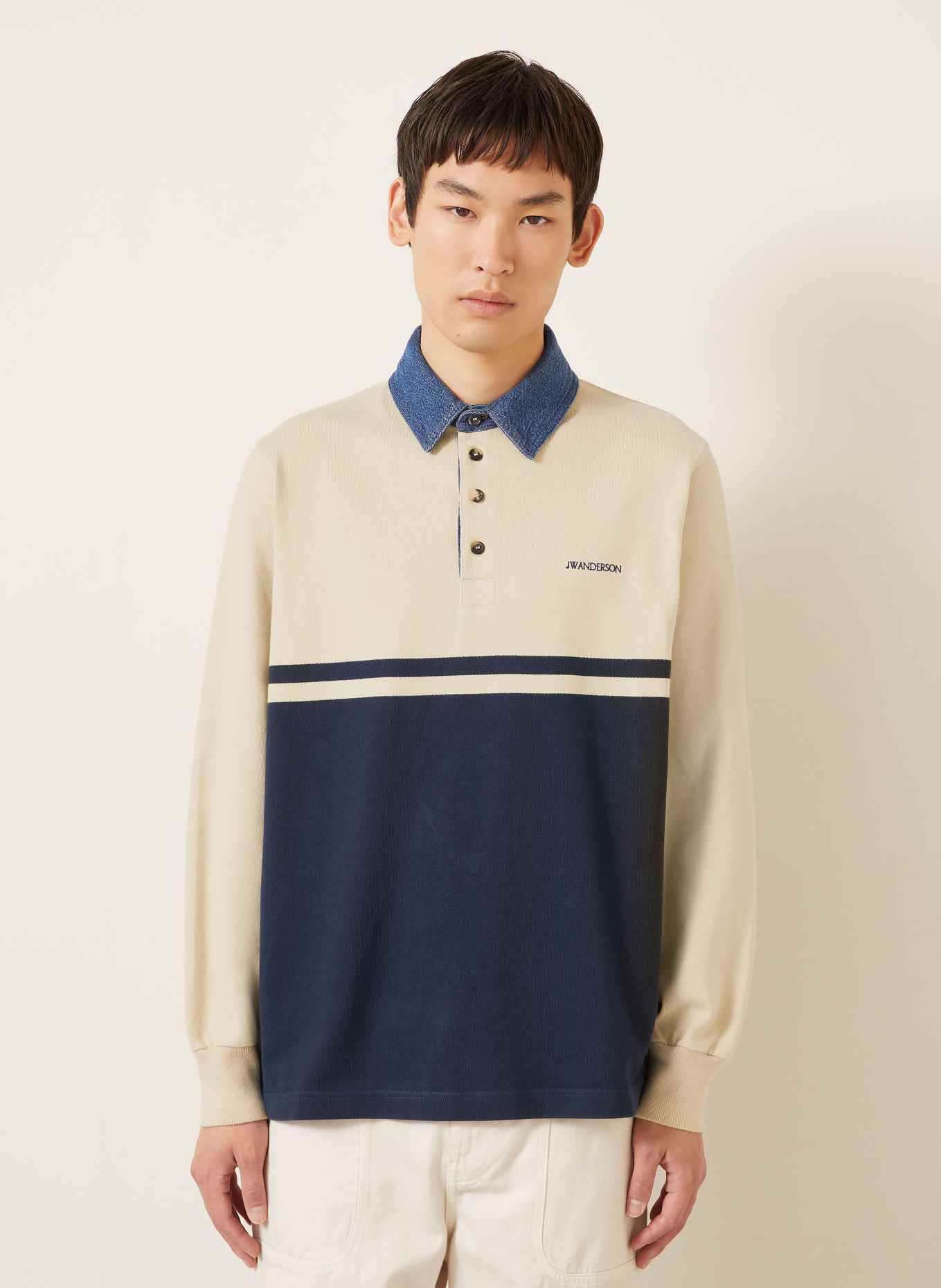 JW ANDERSON Jersey-Poloshirt: BEIGE / DUNKELBLAU