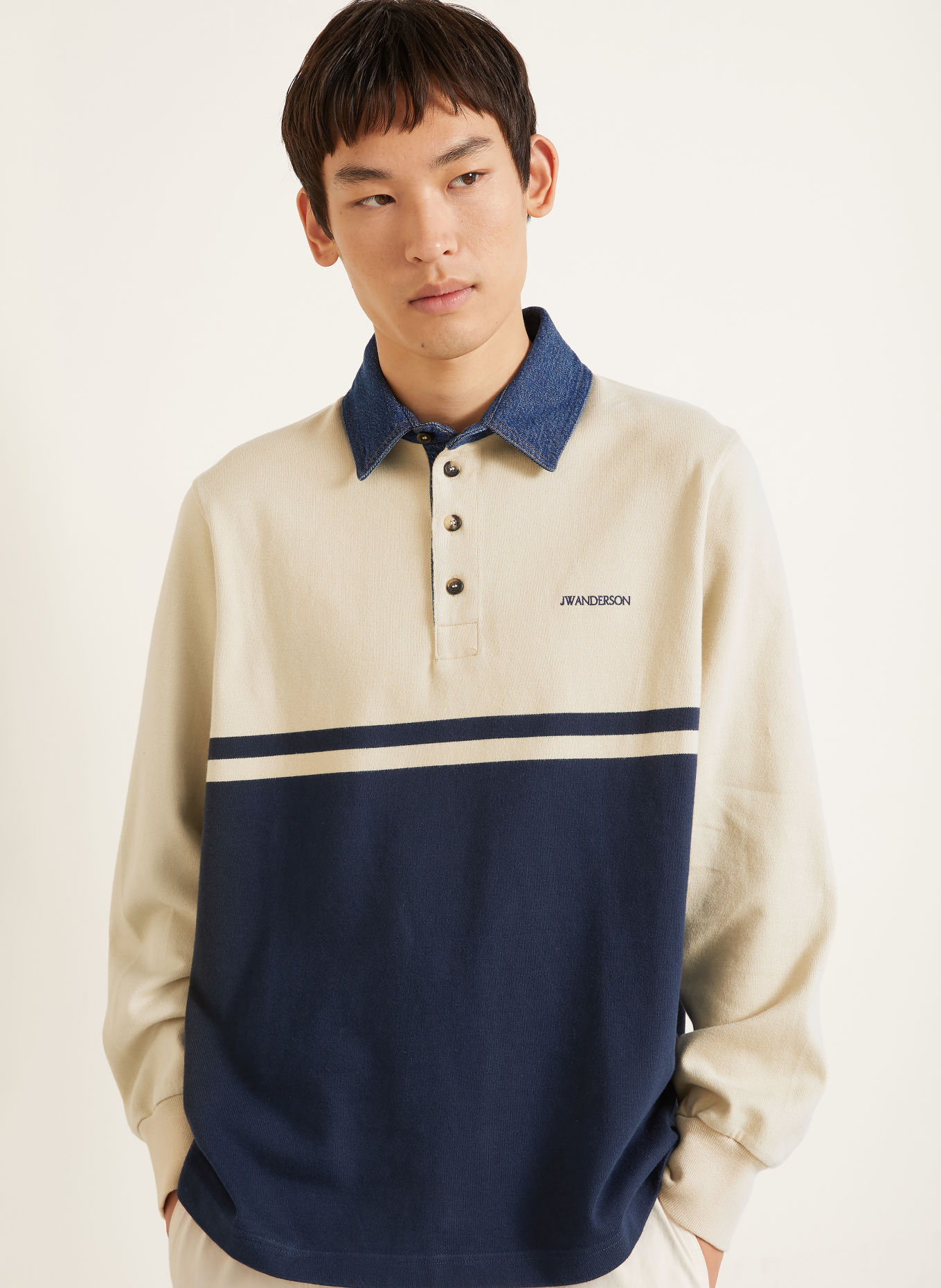 JW ANDERSON Jersey-Poloshirt: BEIGE / DUNKELBLAU
