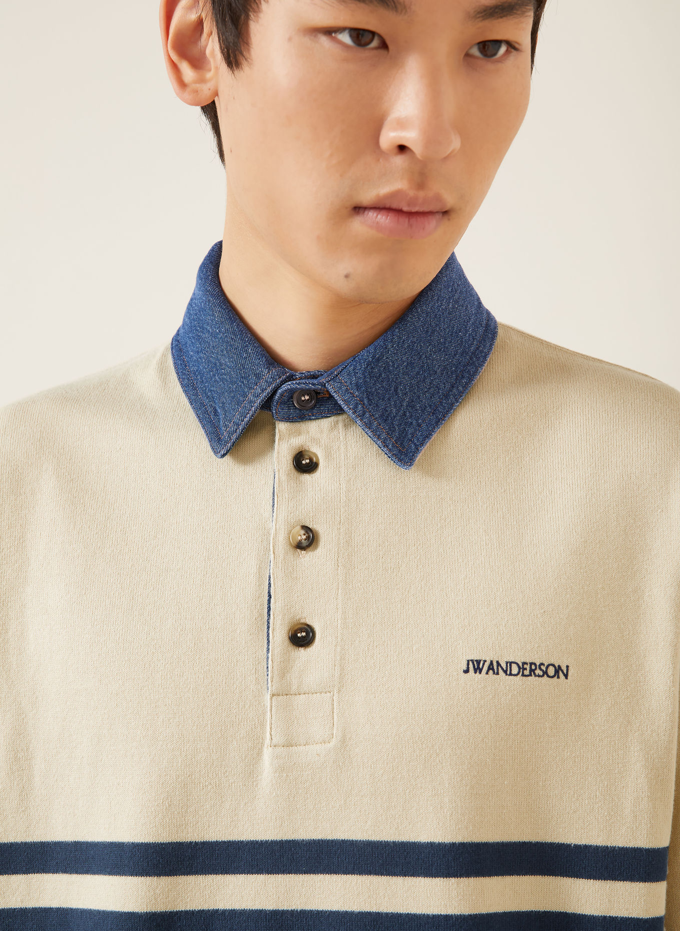 JW ANDERSON Jersey-Poloshirt: BEIGE / DUNKELBLAU