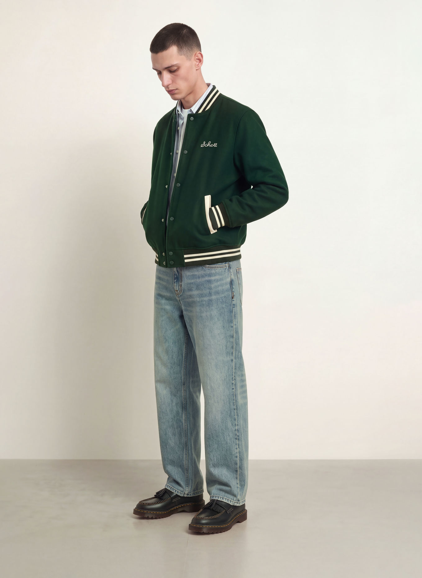 Schott NYC College jacket: DARK GREEN / CREAM