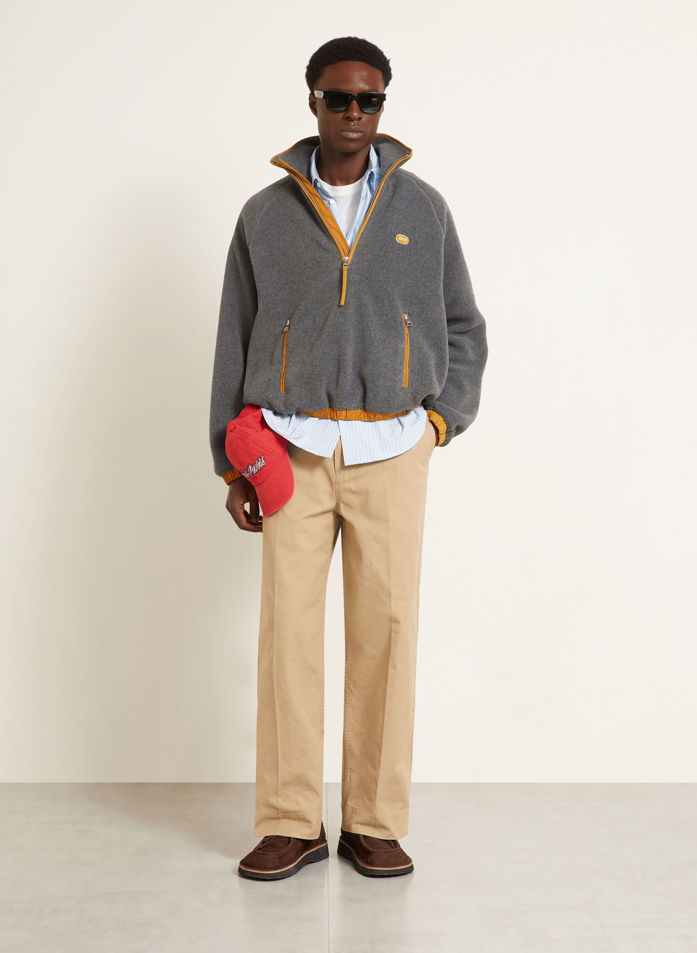 Ami Paris Fleece half-zip sweater: GRAY / DARK ORANGE