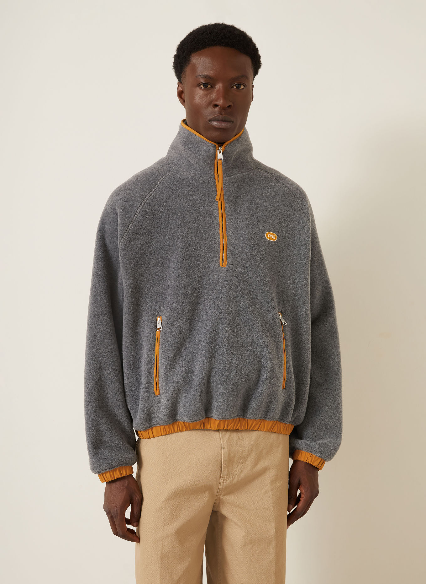 Ami Paris Fleece half-zip sweater: GRAY / DARK ORANGE