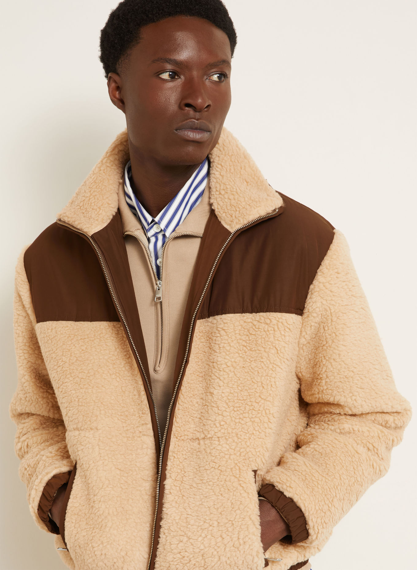 Ami Paris Teddyfell-Jacke im Materialmix: CAMEL / DUNKELBRAUN