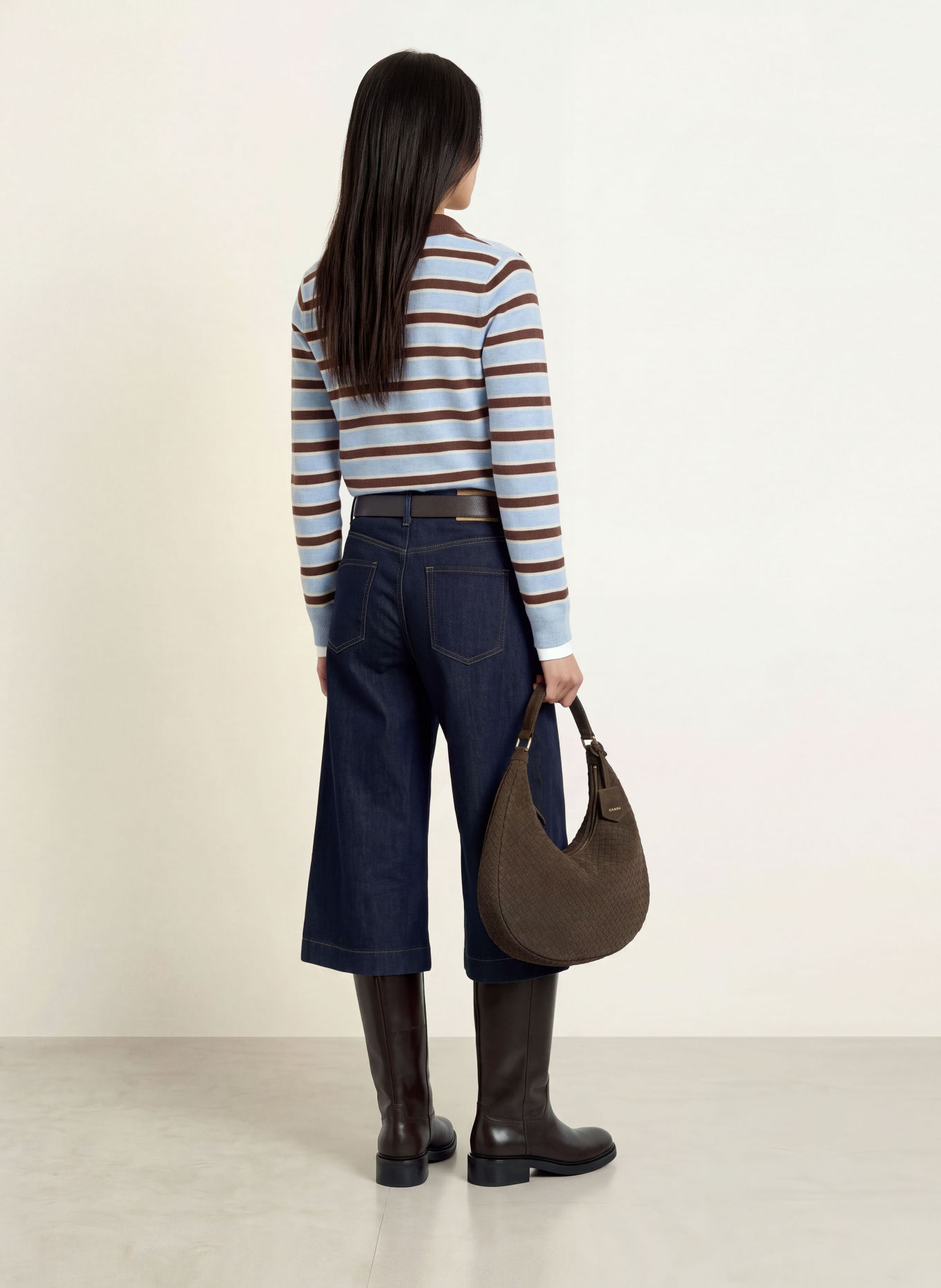 YERSE NORA Knit polo shirt: LIGHT BLUE / DARK BROWN / WHITE