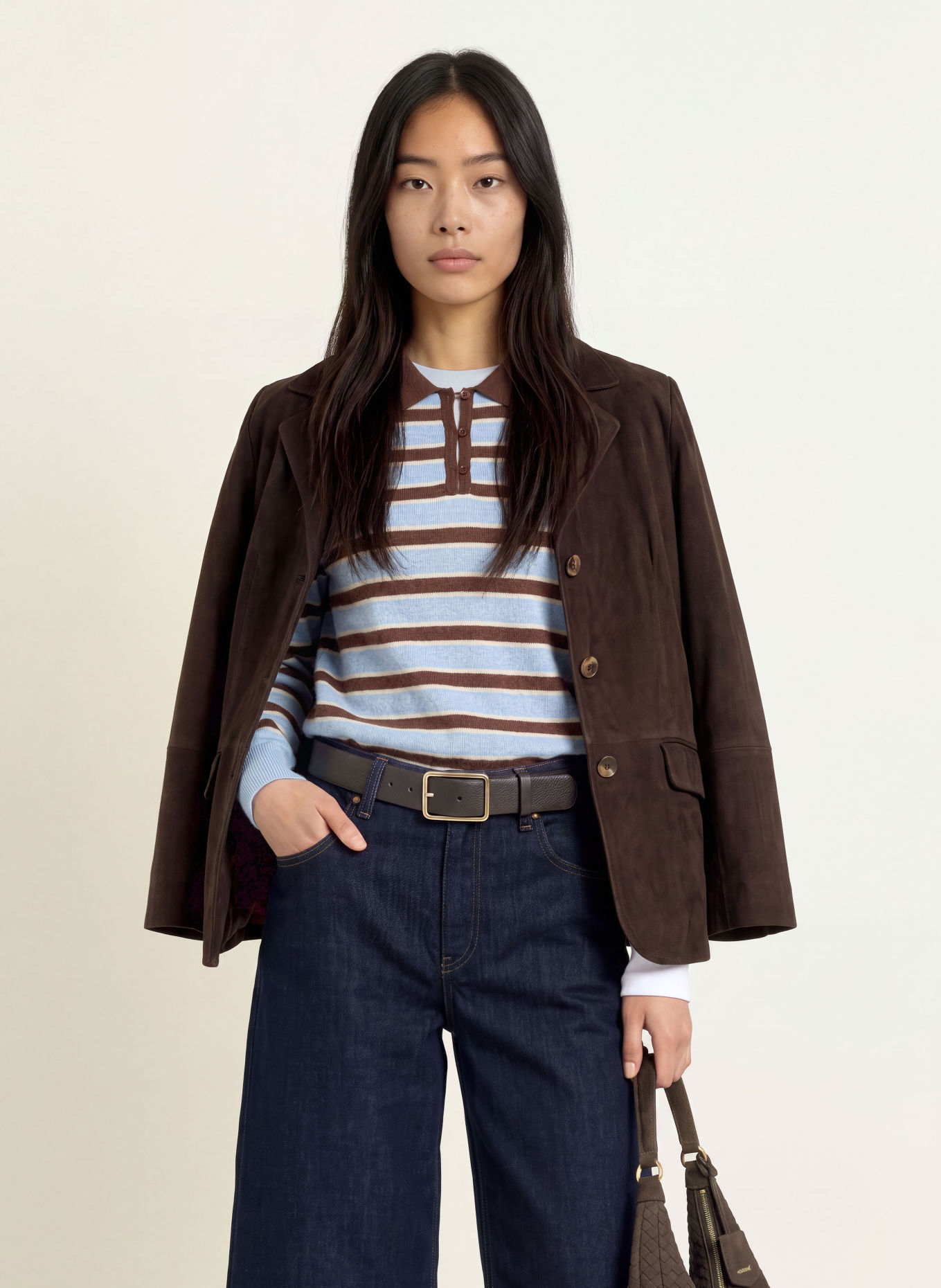 YERSE NORA Knit polo shirt: LIGHT BLUE / DARK BROWN / WHITE