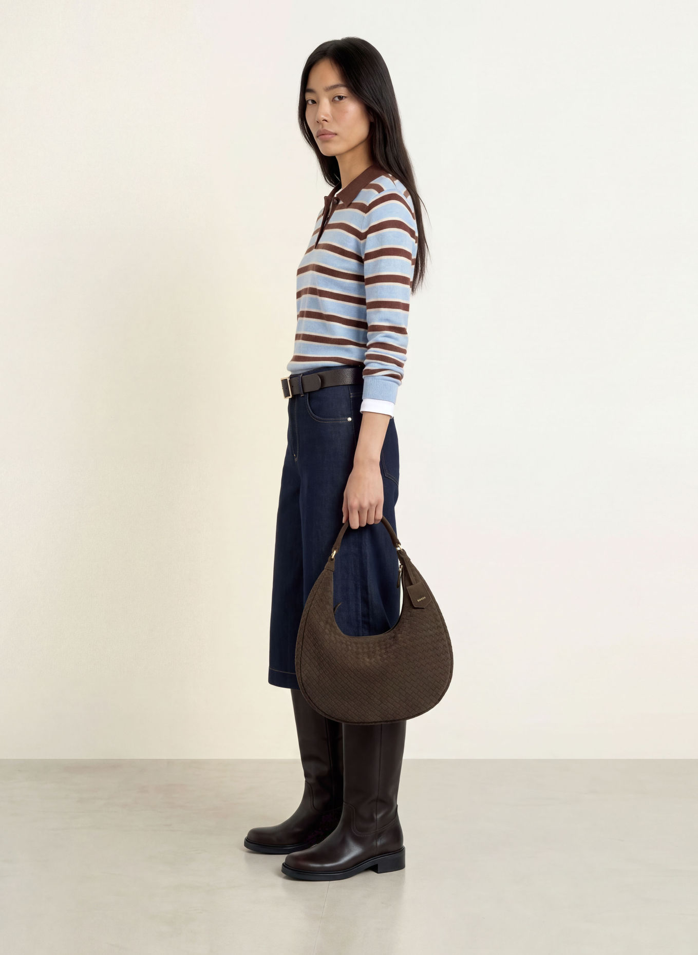 YERSE NORA Knit polo shirt: LIGHT BLUE / DARK BROWN / WHITE