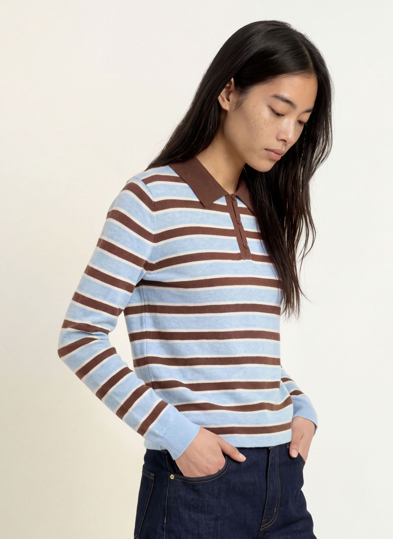 YERSE NORA Knit polo shirt: LIGHT BLUE / DARK BROWN / WHITE