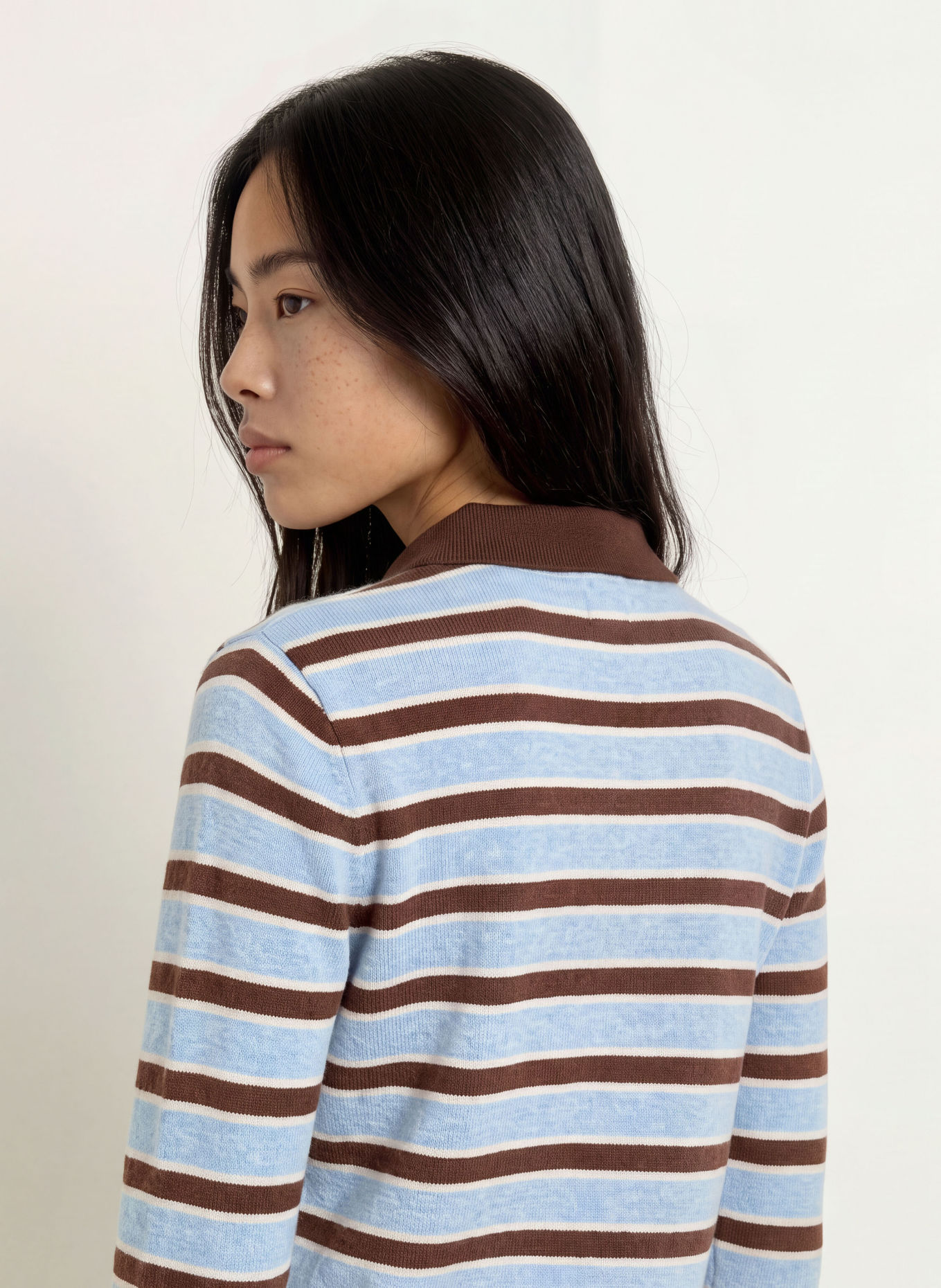 YERSE NORA Knit polo shirt: LIGHT BLUE / DARK BROWN / WHITE