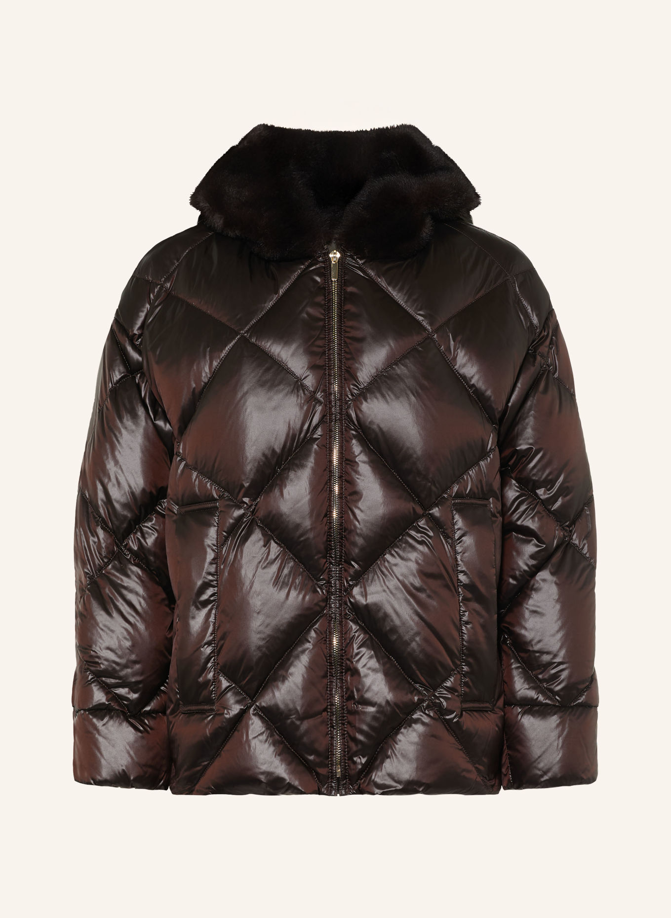 Max Mara The Cube NEBBIE Down Jacket with Faux Fur: DARK BROWN