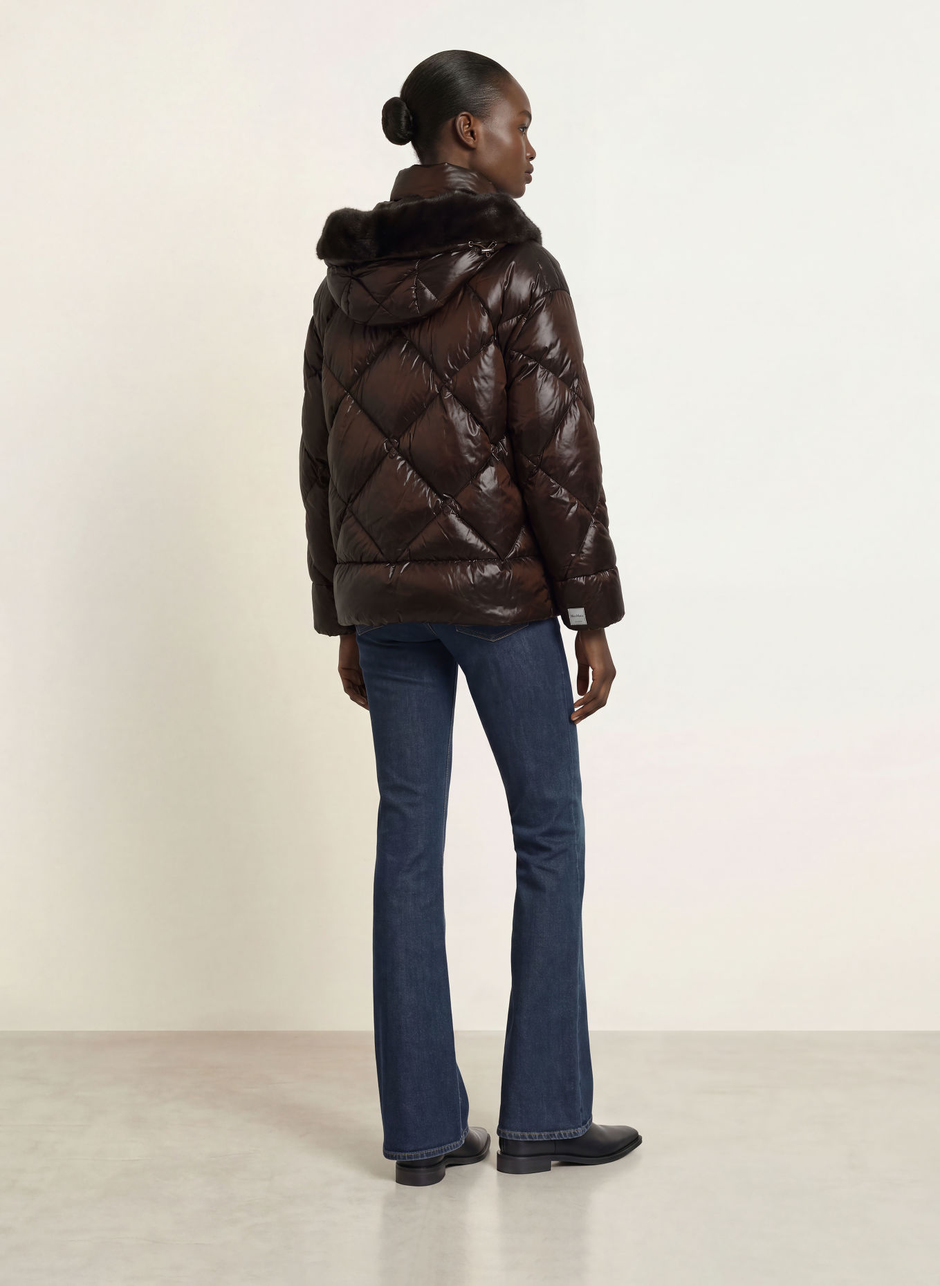 Max Mara The Cube NEBBIE Down Jacket with Faux Fur: DARK BROWN