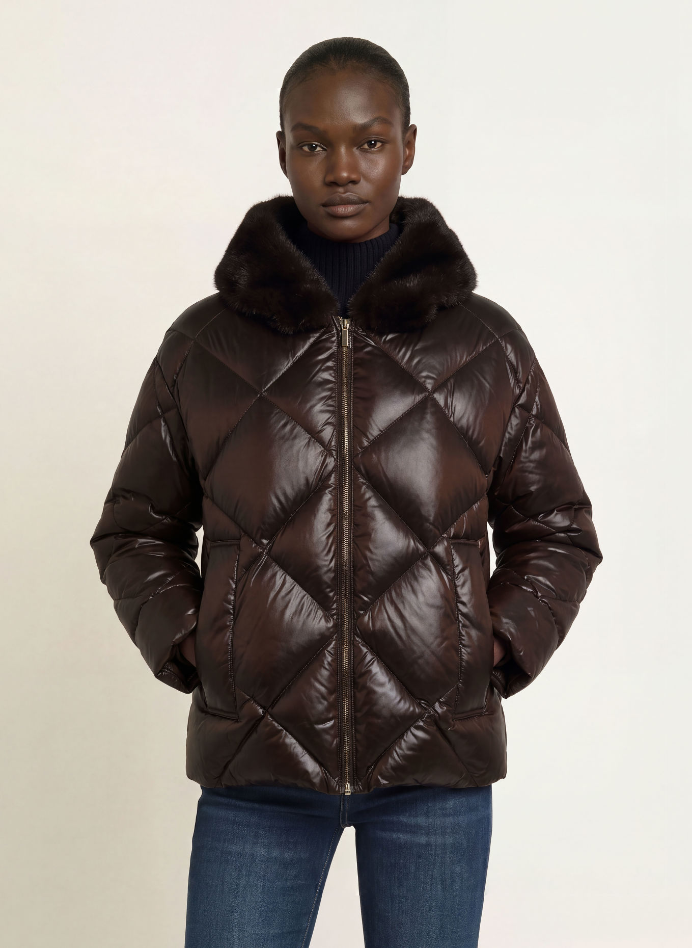 Max Mara The Cube NEBBIE Down Jacket with Faux Fur: DARK BROWN
