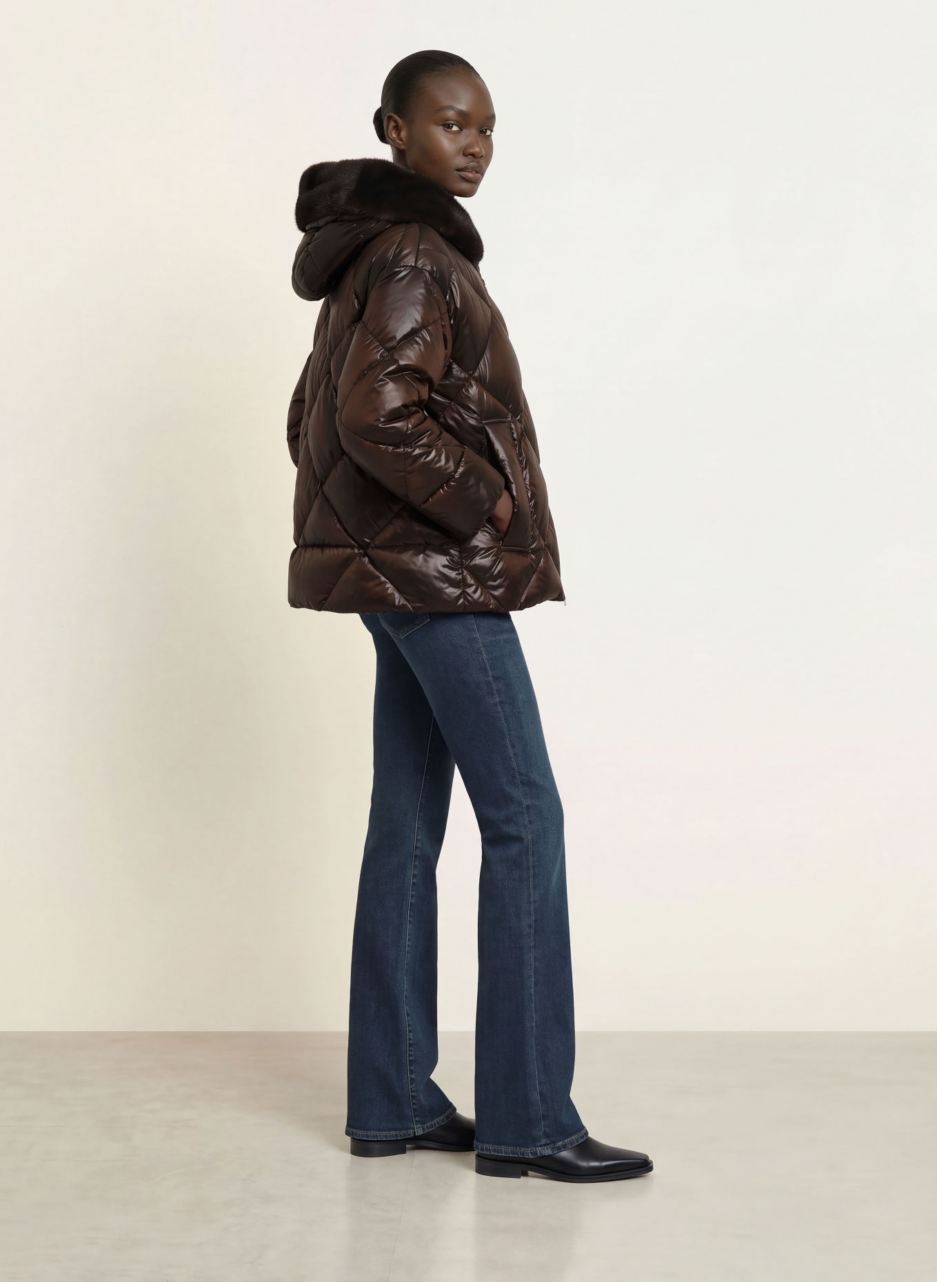 Max Mara The Cube NEBBIE Down Jacket with Faux Fur: DARK BROWN