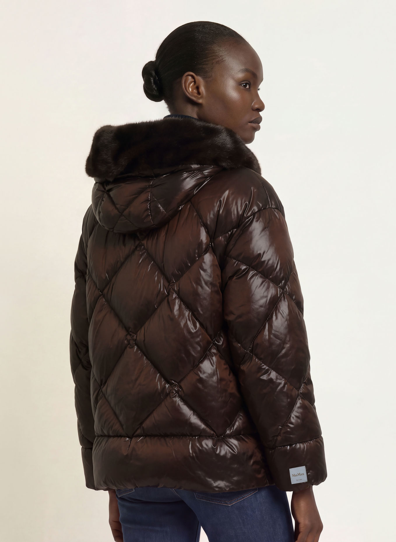 Max Mara The Cube NEBBIE Down Jacket with Faux Fur: DARK BROWN
