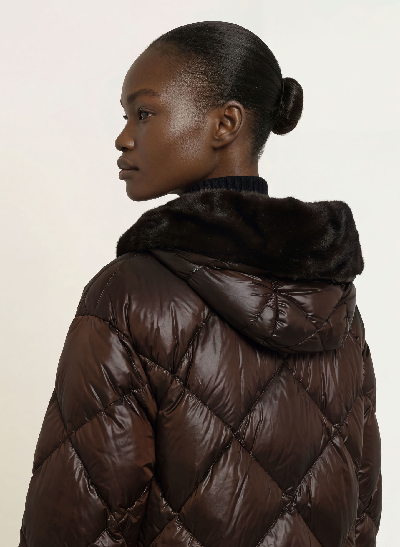 Max Mara The Cube NEBBIE Down Jacket with Faux Fur: DARK BROWN