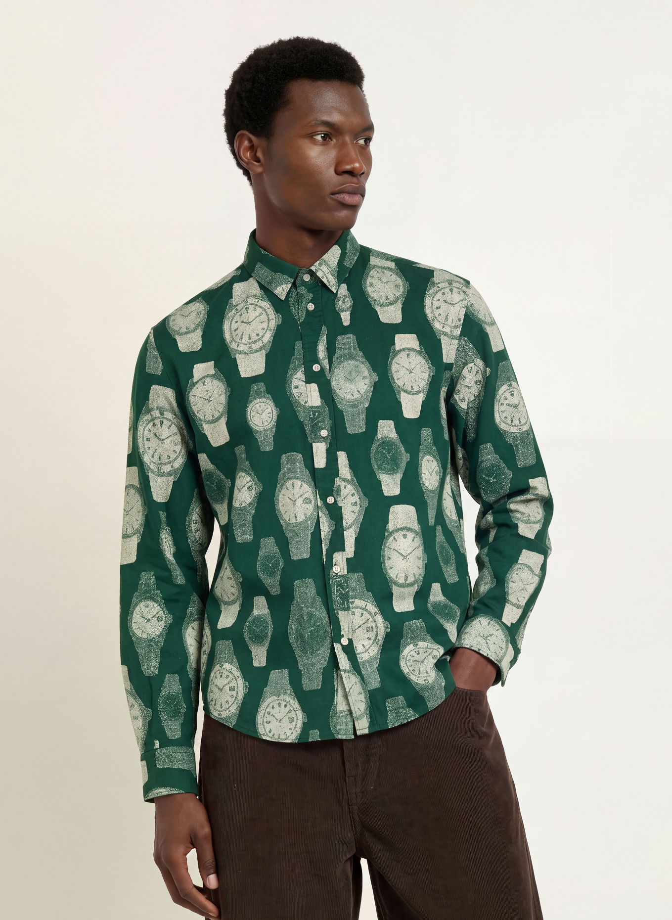 BLKVIS Regular-Fit Shirt: DARK GREEN / CREAM