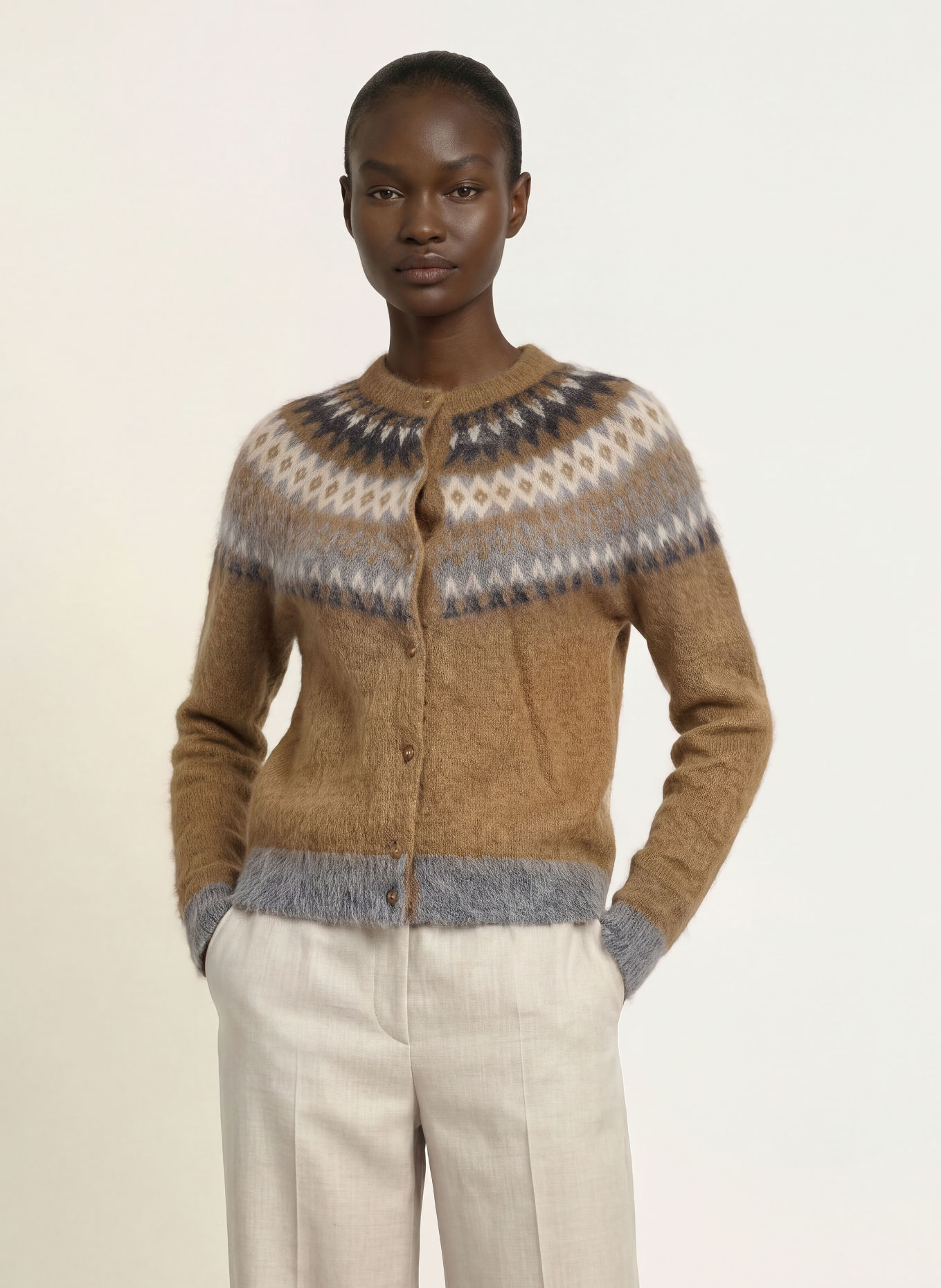 Max Mara STUDIO MERINGA Cardigan with Mohair: BROWN / CREAM / GRAY