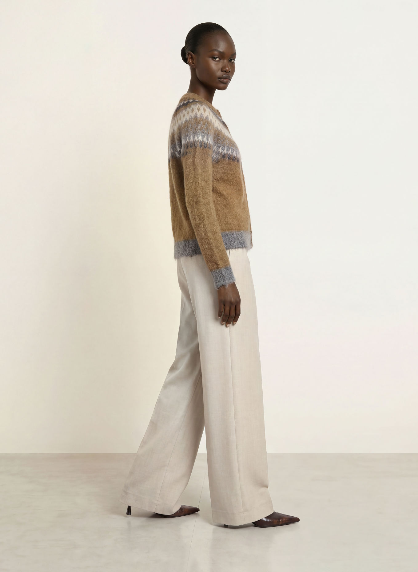 Max Mara STUDIO MERINGA Cardigan with Mohair: BROWN / CREAM / GRAY
