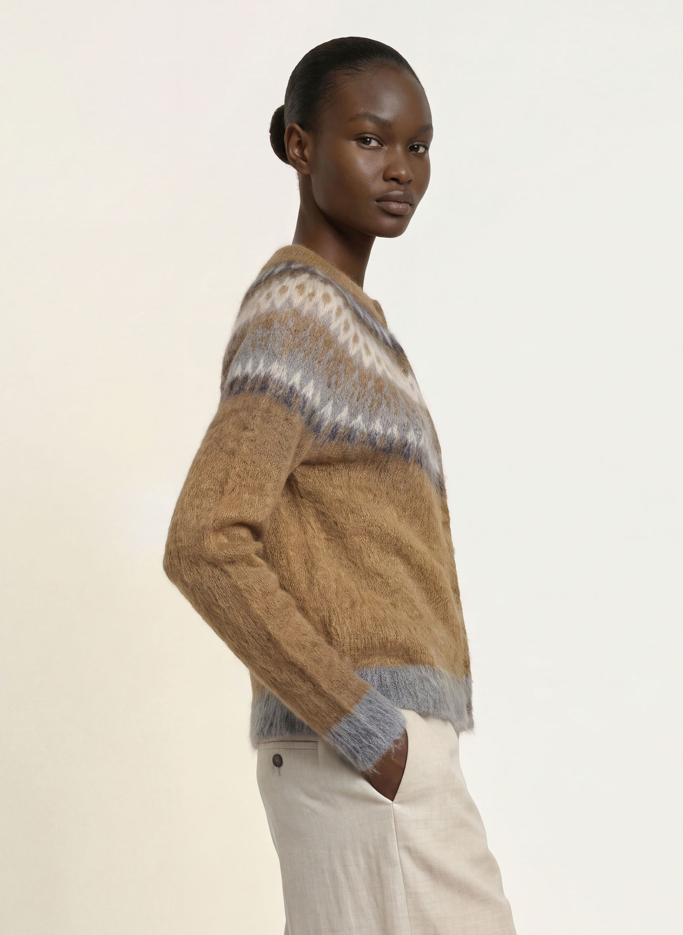 Max Mara STUDIO MERINGA Cardigan with Mohair: BROWN / CREAM / GRAY