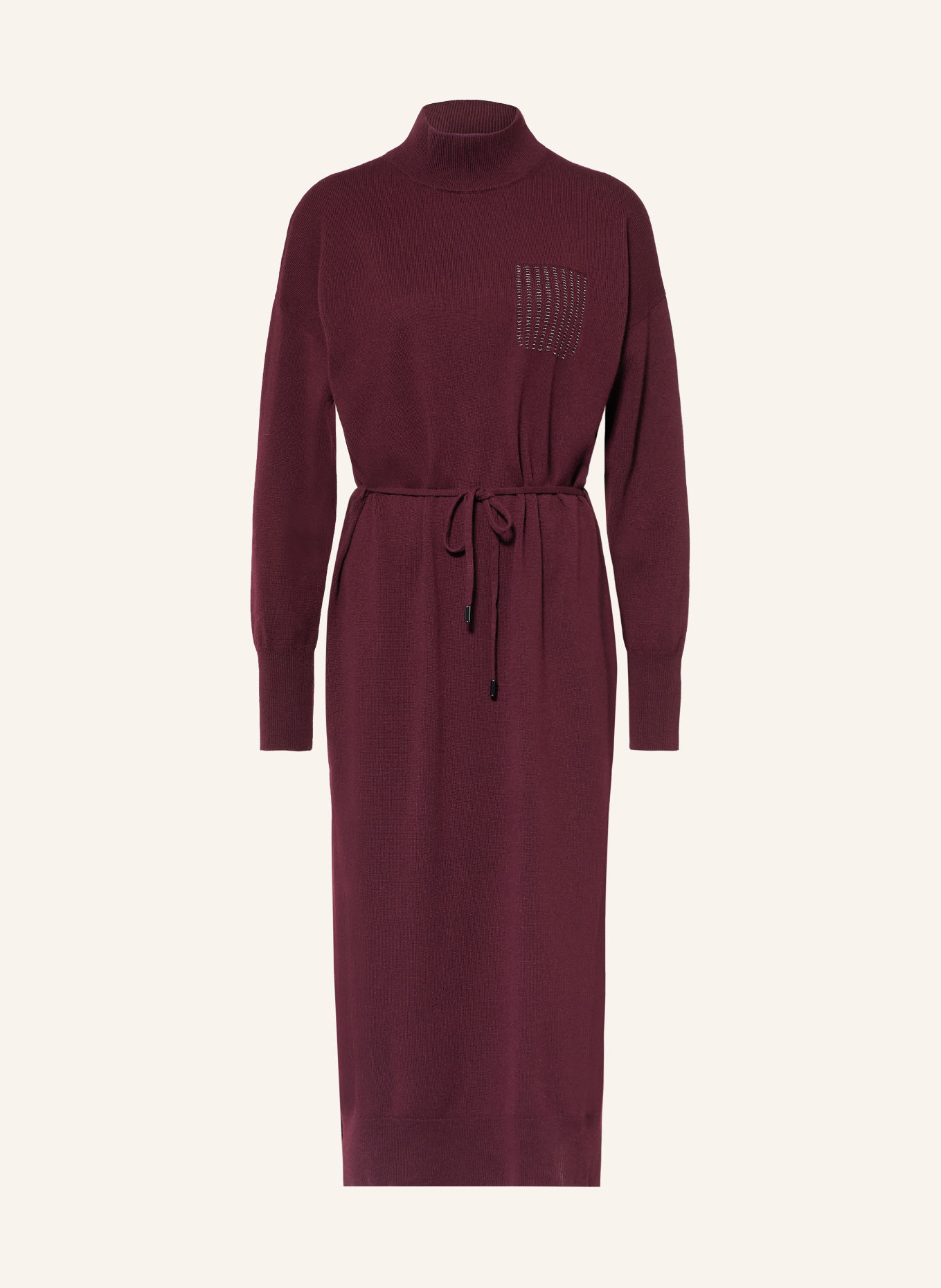 PESERICO Strickkleid mit Seide und Schmucksteinen: DUNKELROT