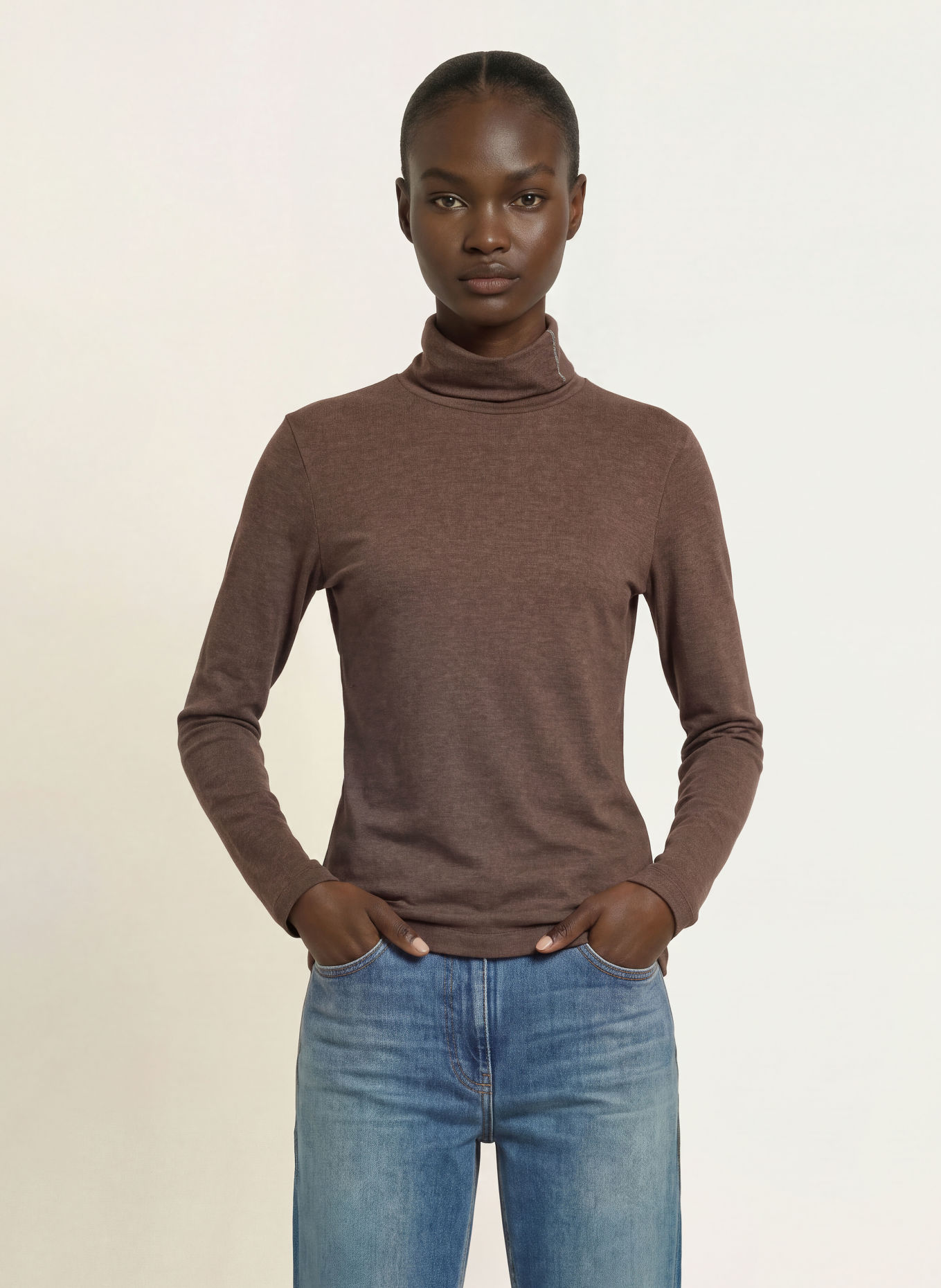 PESERICO Turtleneck top with rhinestones: BROWN