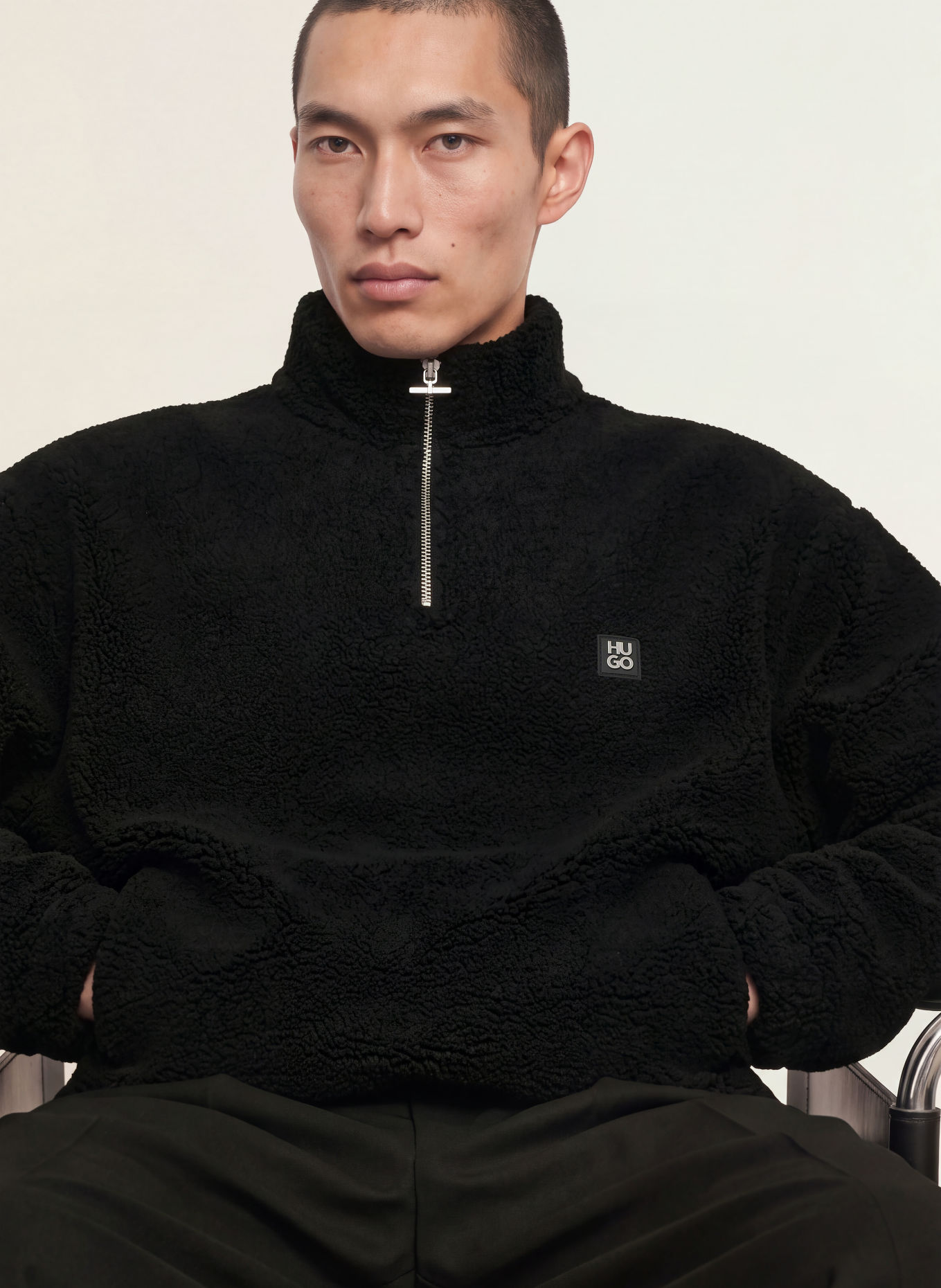 HUGO DERYLONG Anorak Jacket Made of Teddy Fur: BLACK