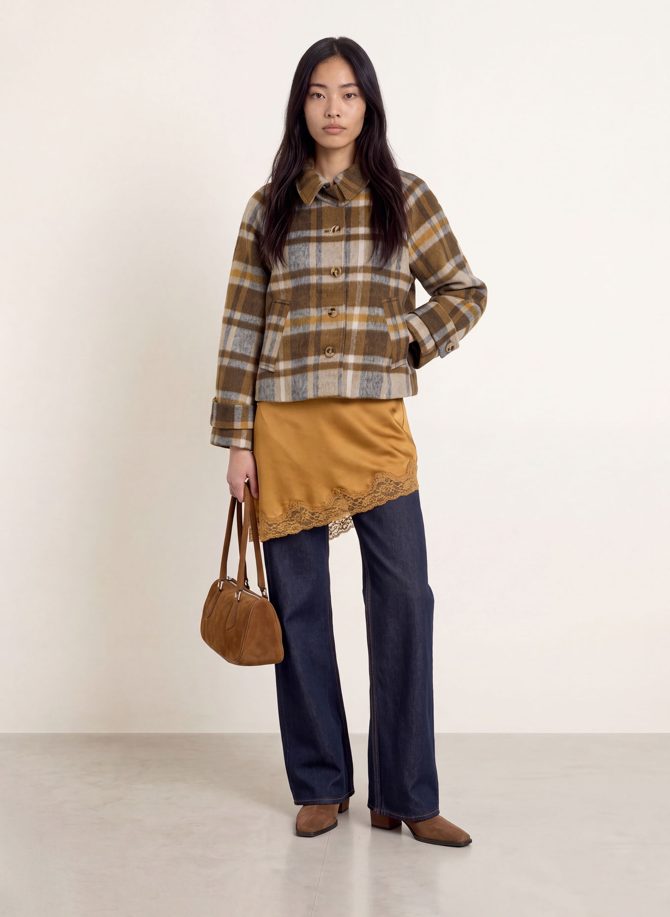 NEO NOIR QUINN Boxy Jacket: BROWN / BEIGE / GRAY