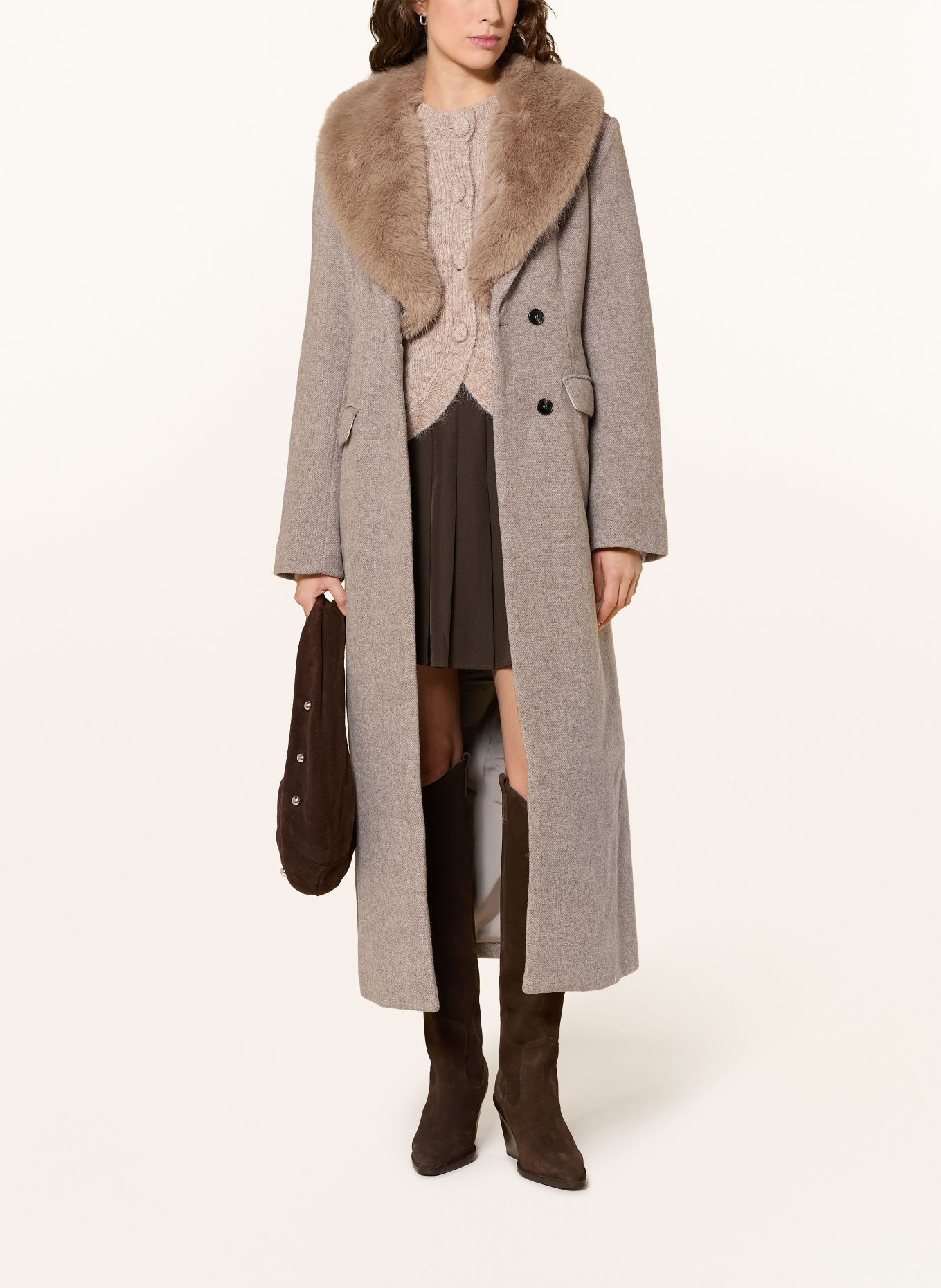 NEO NOIR CORINA Coat with Detachable Faux Fur Collar: BEIGE