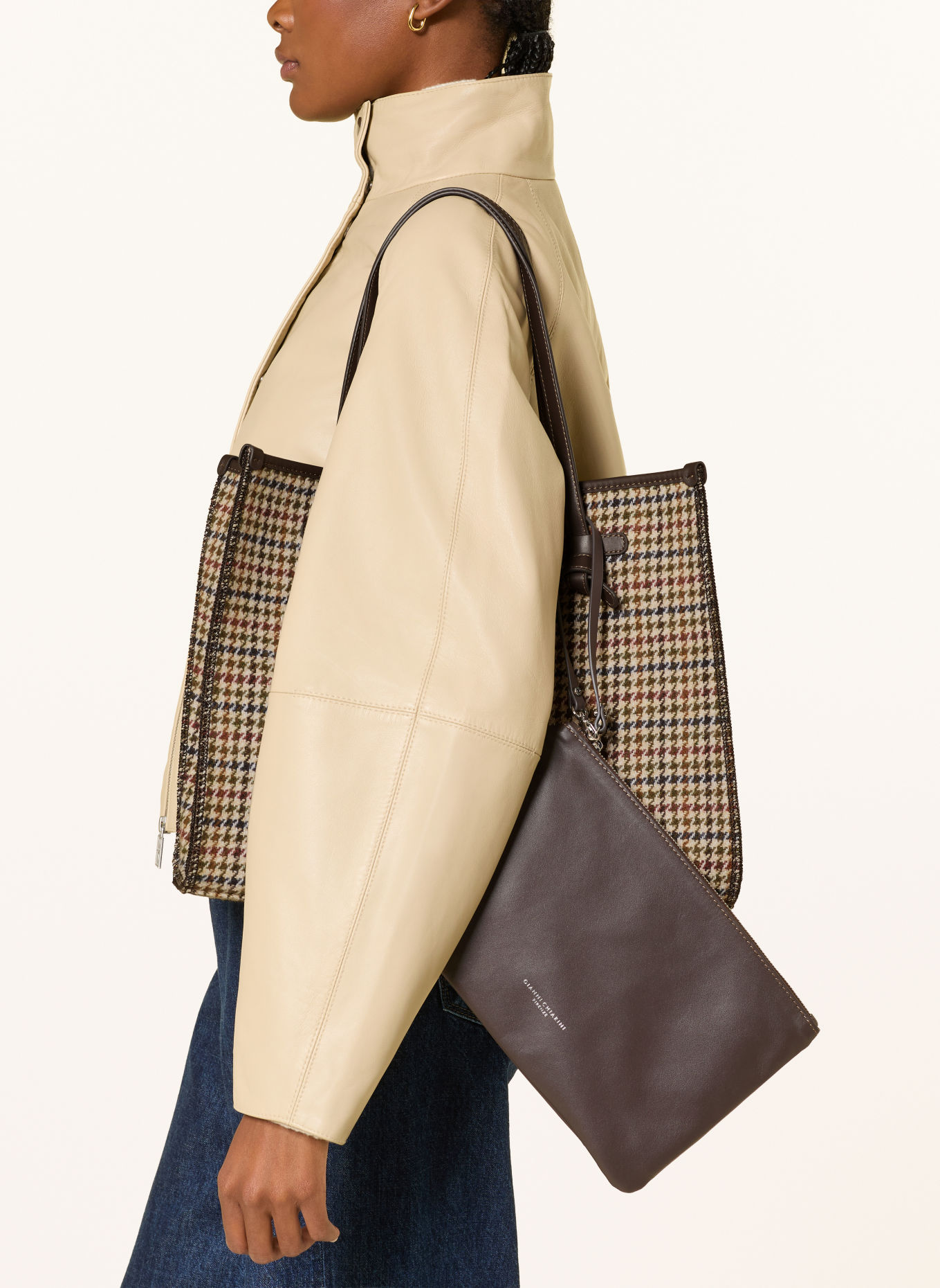 GIANNI CHIARINI MARCELLA Shoppers with Pouch: CREAM / DARK BROWN / KHAKI