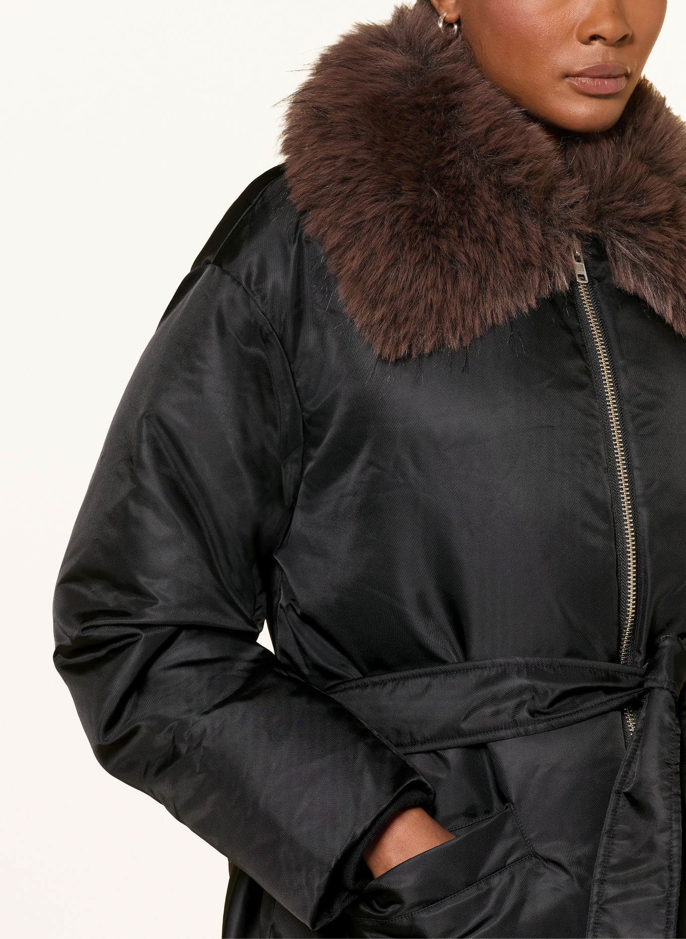 STAND STUDIO Blouson CELESTE mit abnehmbarem Kunstfell-Kragen: SCHWARZ / BRAUN
