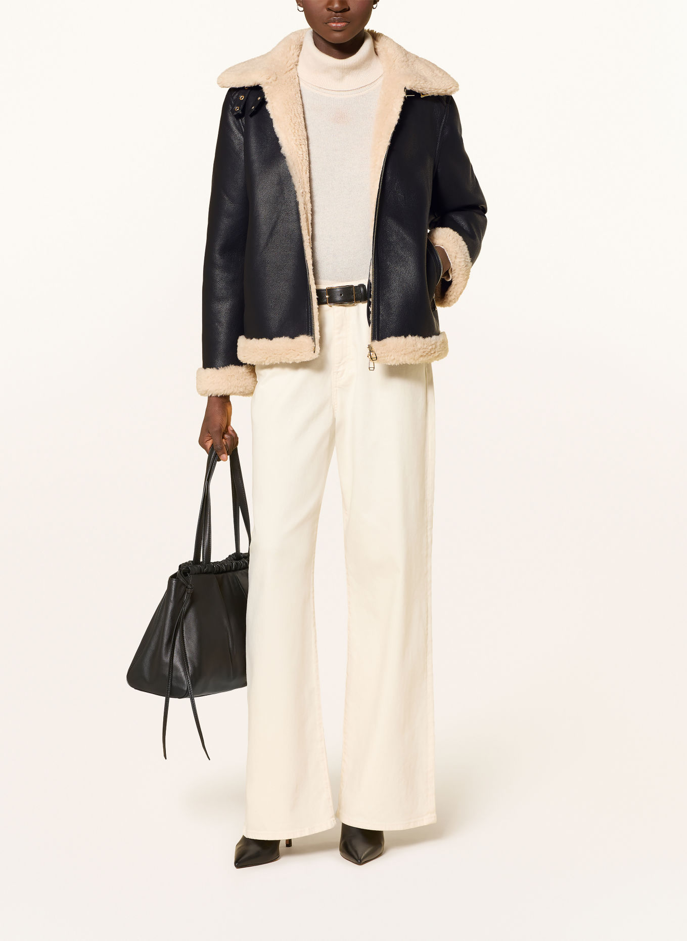 JOOP! OLLIN Leather-Look Jacket with Faux Fur: BLACK / ECRU