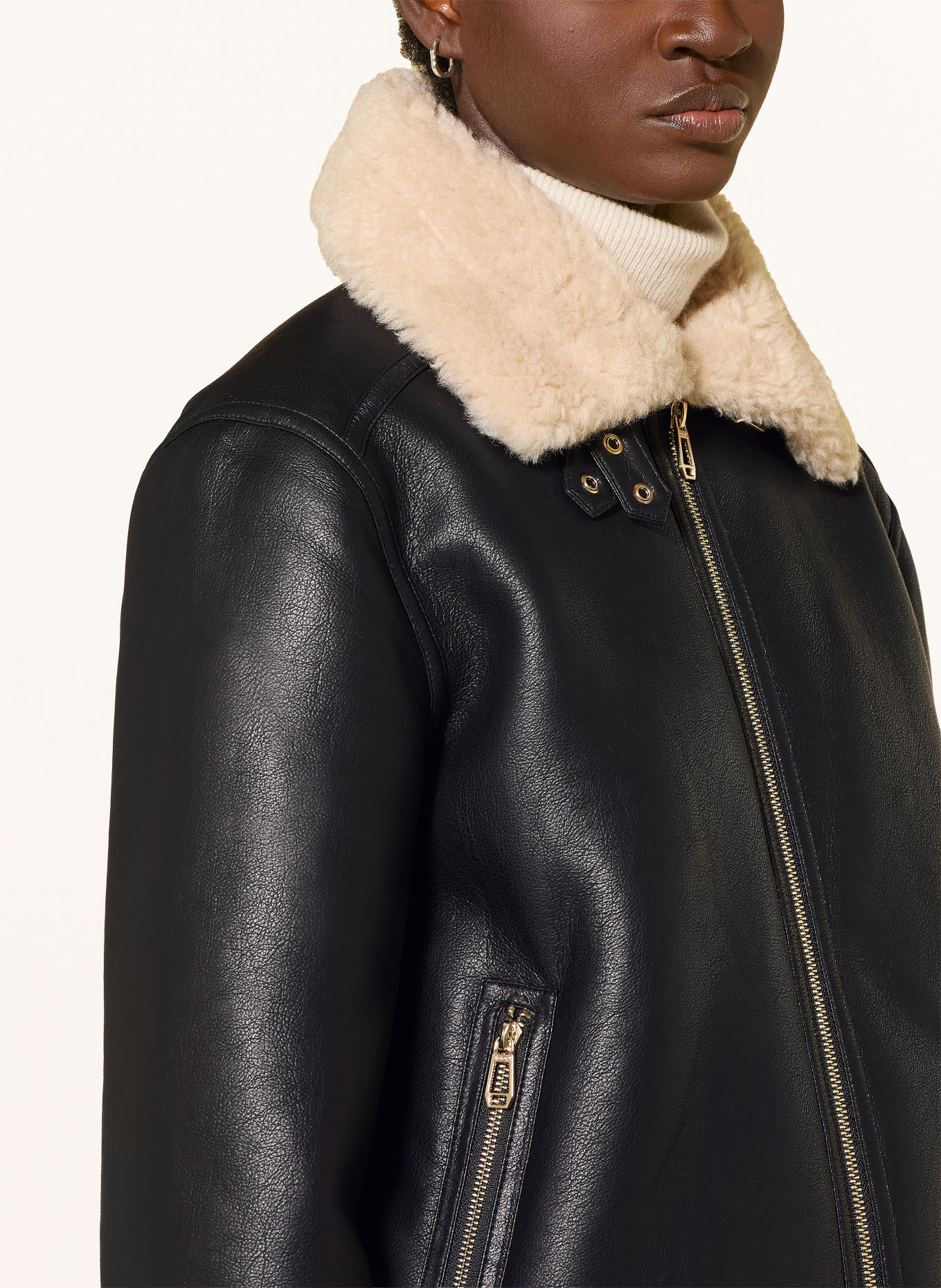 JOOP! OLLIN Leather-Look Jacket with Faux Fur: BLACK / ECRU