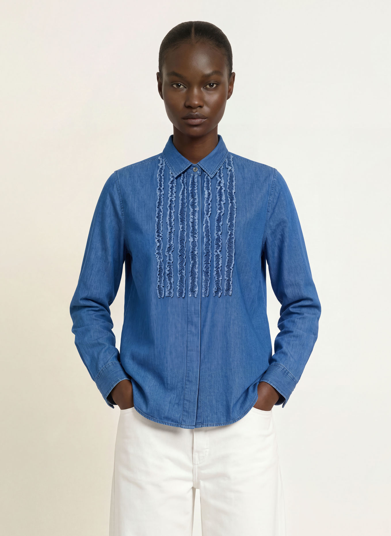 Soluzione Jeansbluse mit Rüschen: BLAU