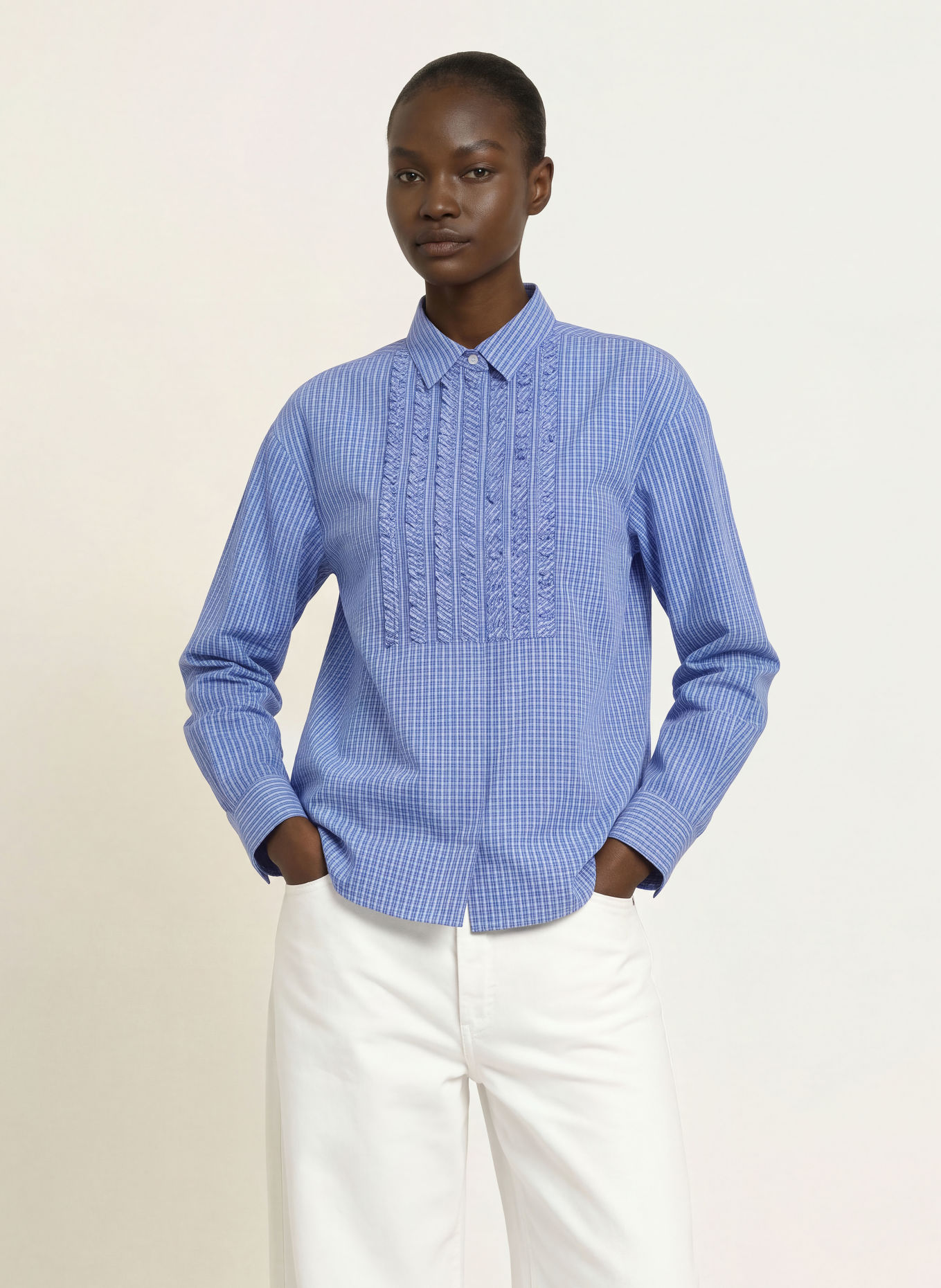 Soluzione Ruffled shirt blouse: BLUE / WHITE